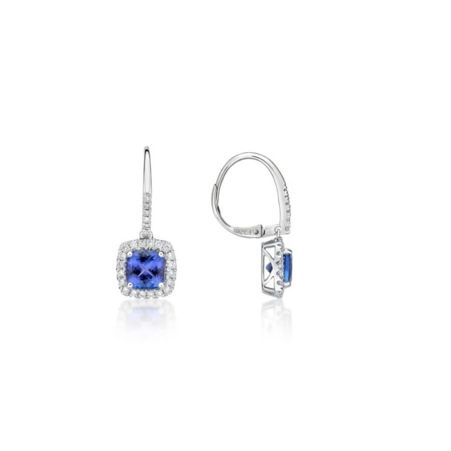 2.00 Ct Cushion Cut Tanzanite & Diamond Halo Drop Earrings