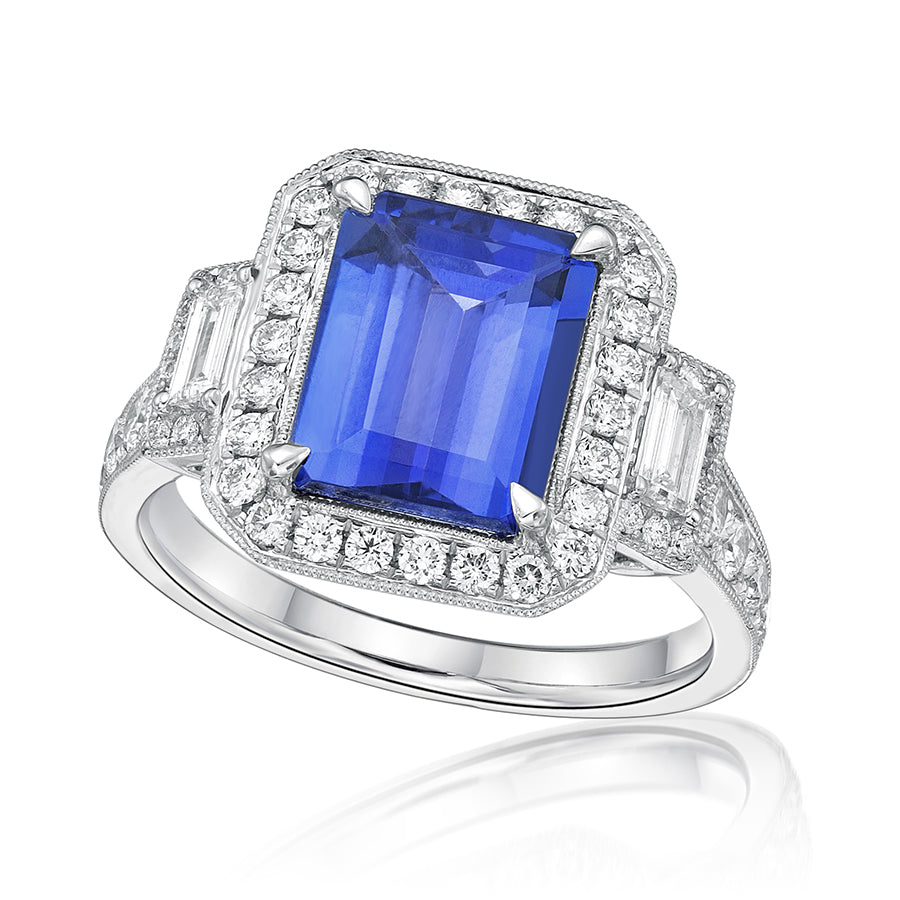 Exceptional Emerald Cut Tanzanite & Diamond Ring – Made to Order