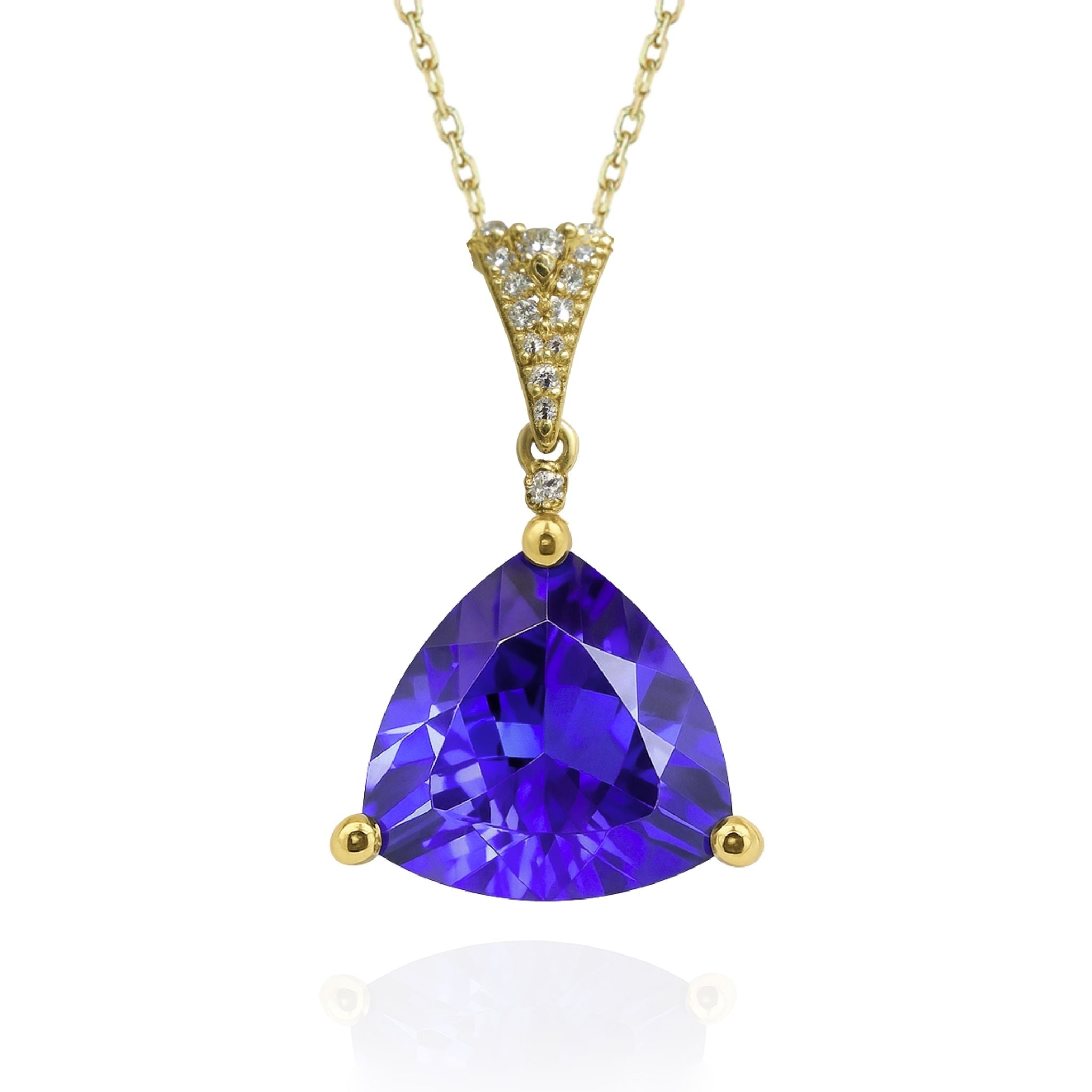 Brilliant 3.33 Carat Trillion Cut Tanzanite & Diamond Pendant in Yellow Gold