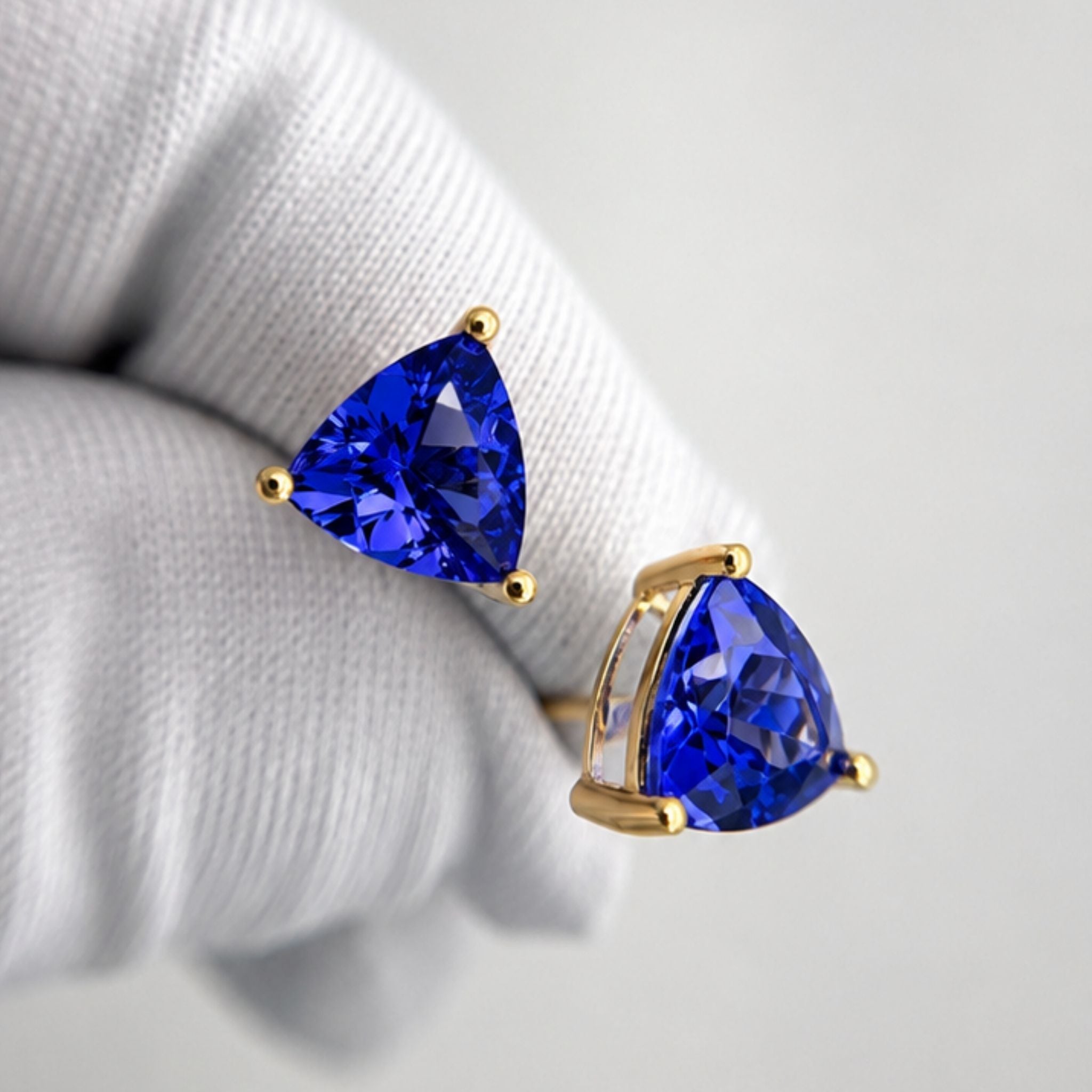 Trillion Cut Tanzanite Stud Earrings in Yellow Gold