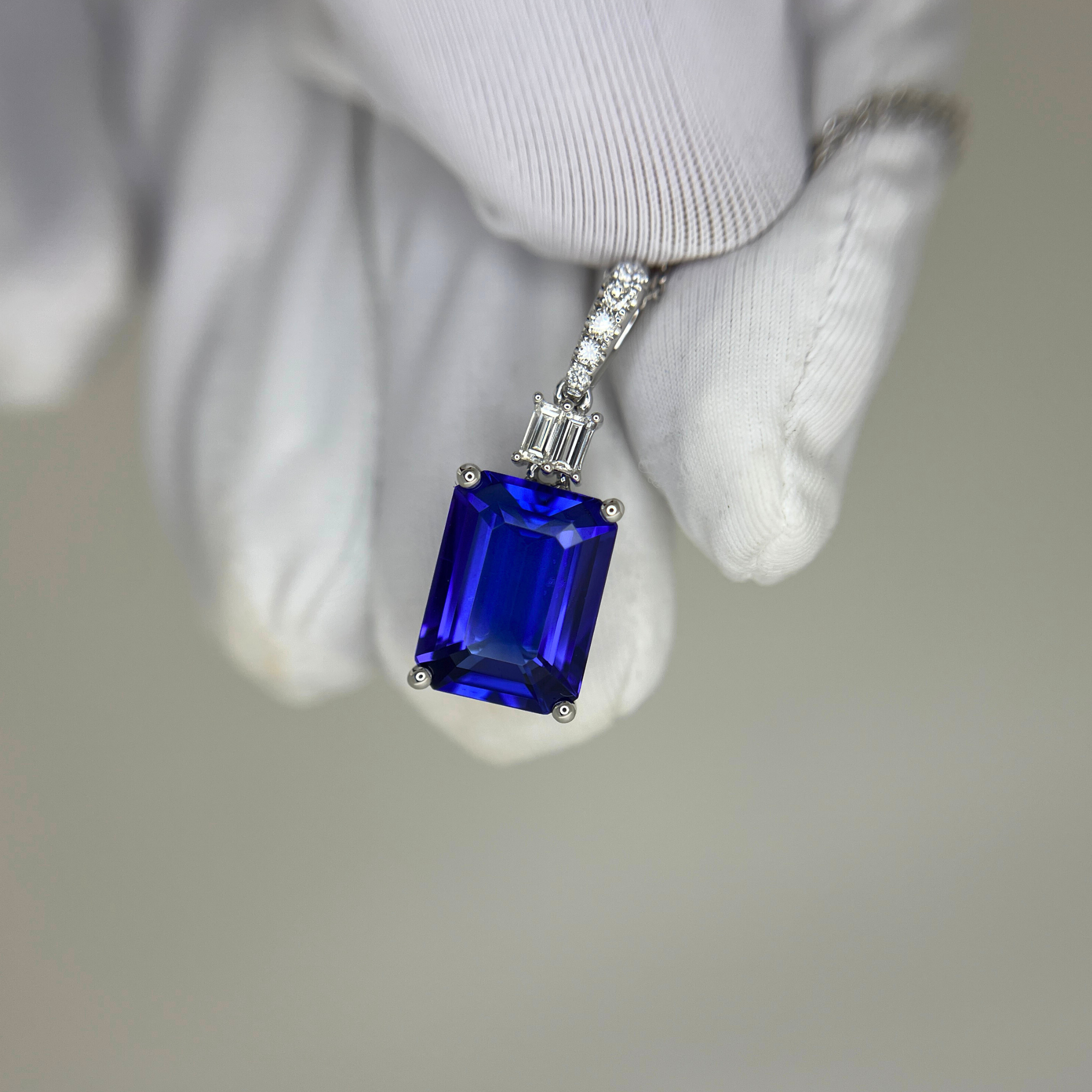 4.50 Exceptional Emerald Cut Tanzanite & Baguette Diamond Pendant White Gold - Made to Order