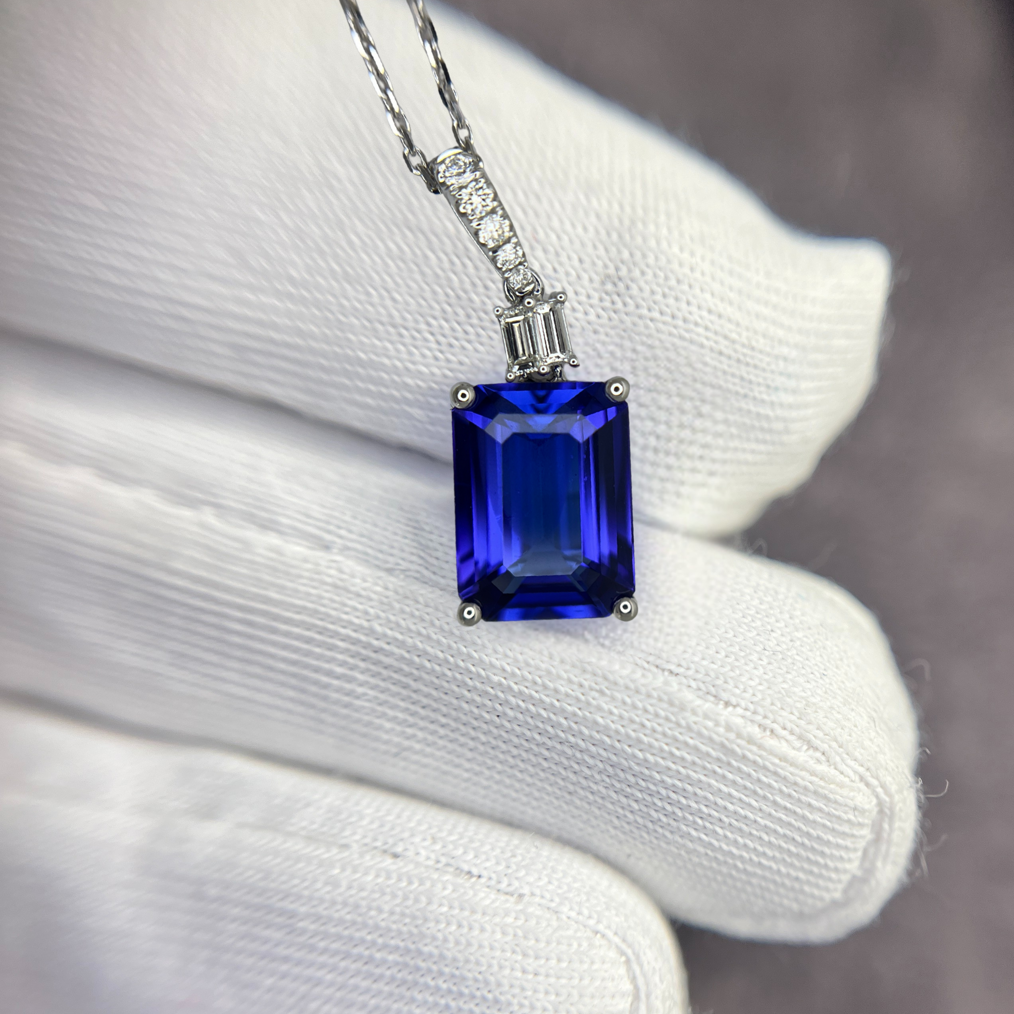 4.81 Carat Exceptional Emerald Cut Tanzanite & Diamond Pendant White Gold