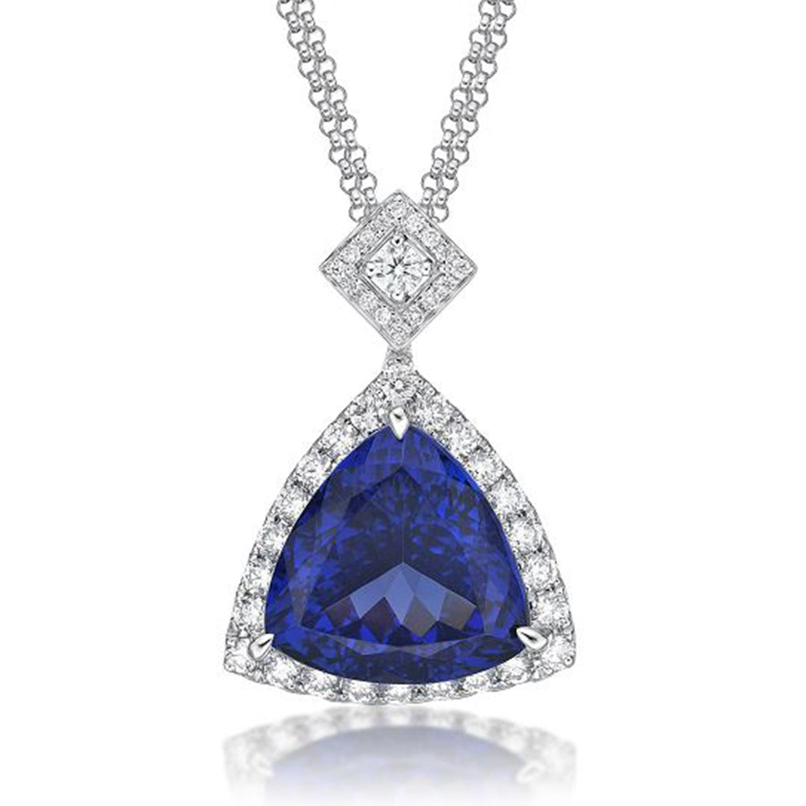 Magnificent 7.94 Ct Trillion Cut Tanzanite Necklace With Diamond Halo