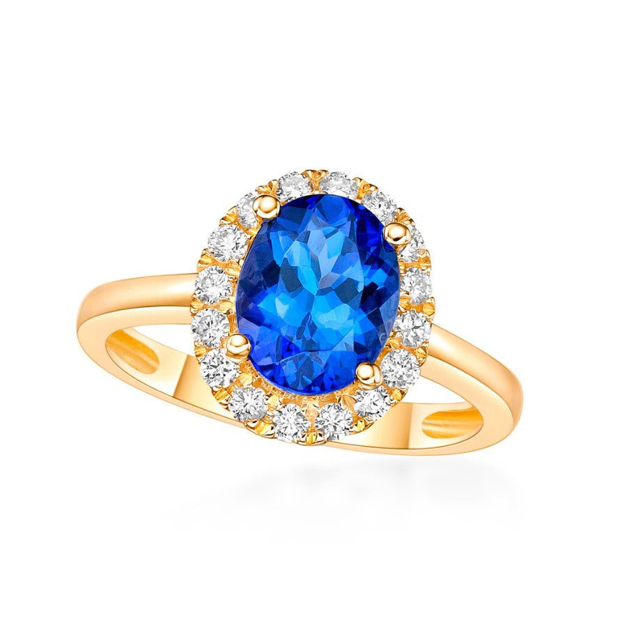 ”Kate” 2.00 Ct Oval Tanzanite & Diamond Halo Ring in Yellow Gold