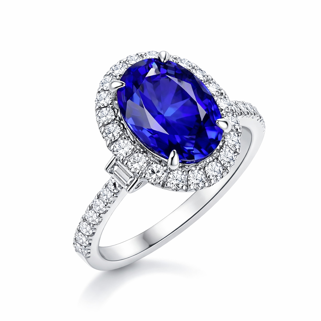 tanzanite oval ring AAA+ quality with baguette and round diamonds
