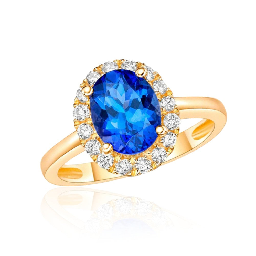 ”Kate” 2.00 Ct Oval Tanzanite & Diamond Halo Ring in Yellow Gold