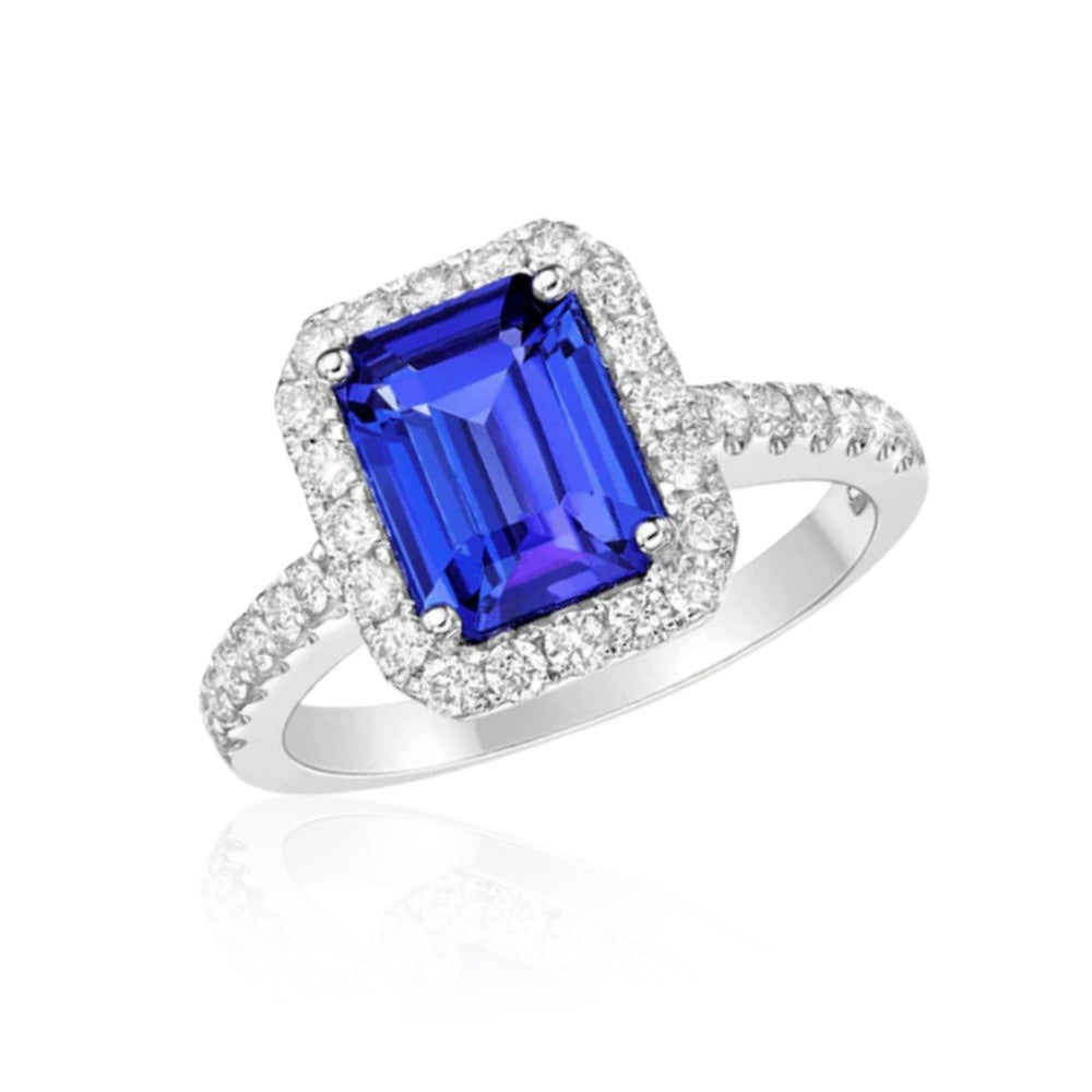 2.00 Ct Emerald Cut Tanzanite & Diamond Halo Ring