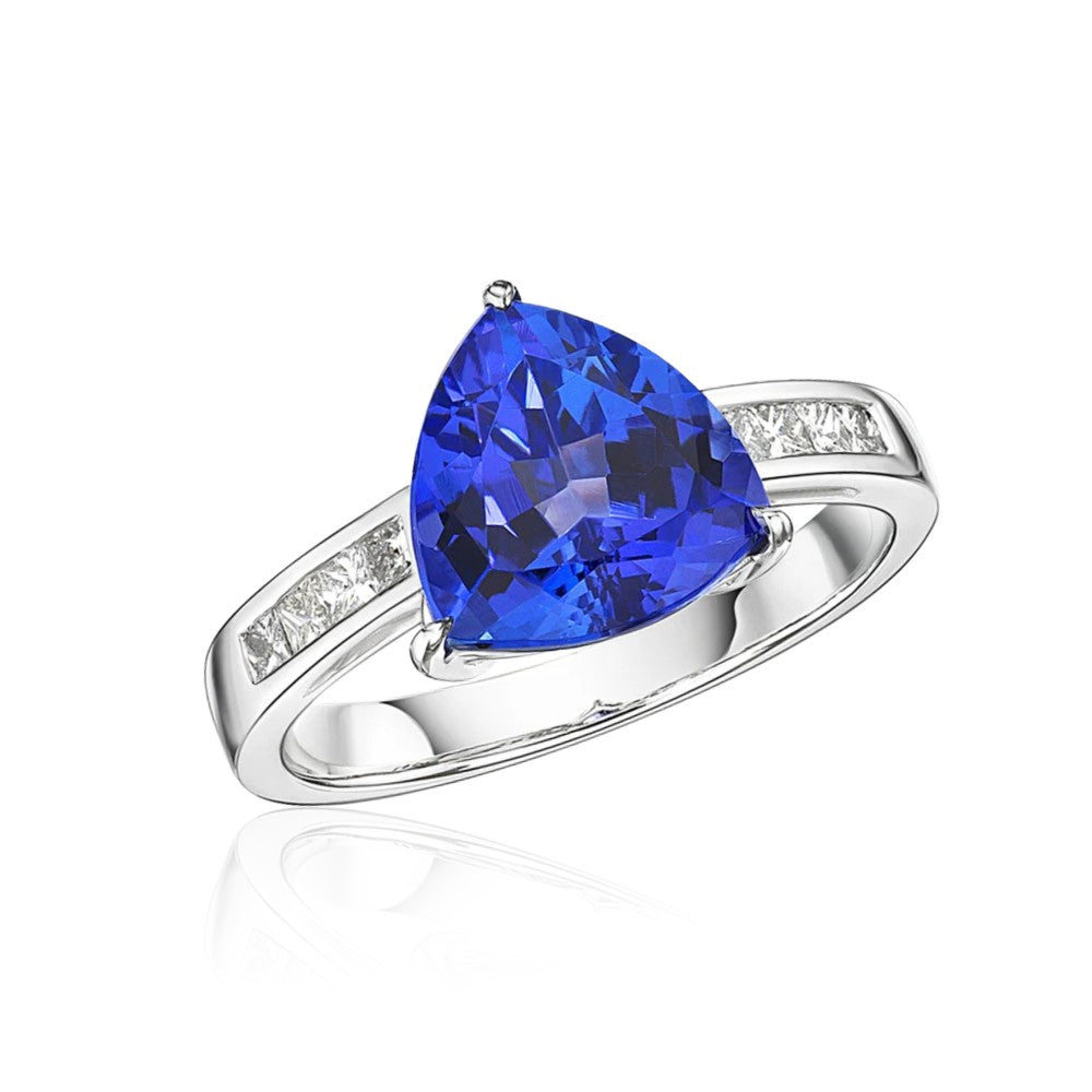 Premier 4.00 Ct Trillion Cut Tanzanite Ring with Princess Cut Diamonds