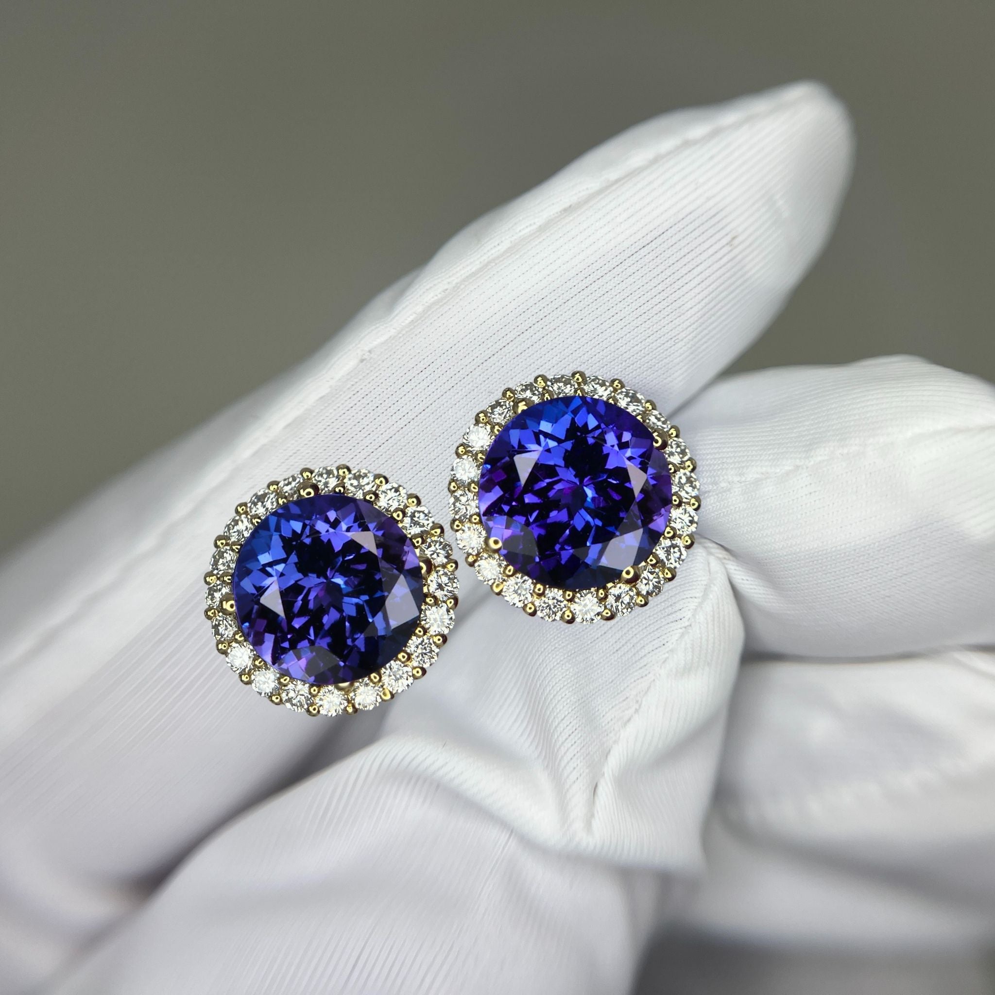 Exceptional Five Carat Tanzanite and Diamond Halo Stud Earrings – 18ct Yellow Gold