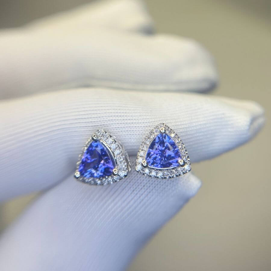 Violet Trillion Cut Tanzanite & Diamond Stud Earrings in 14k White Gold