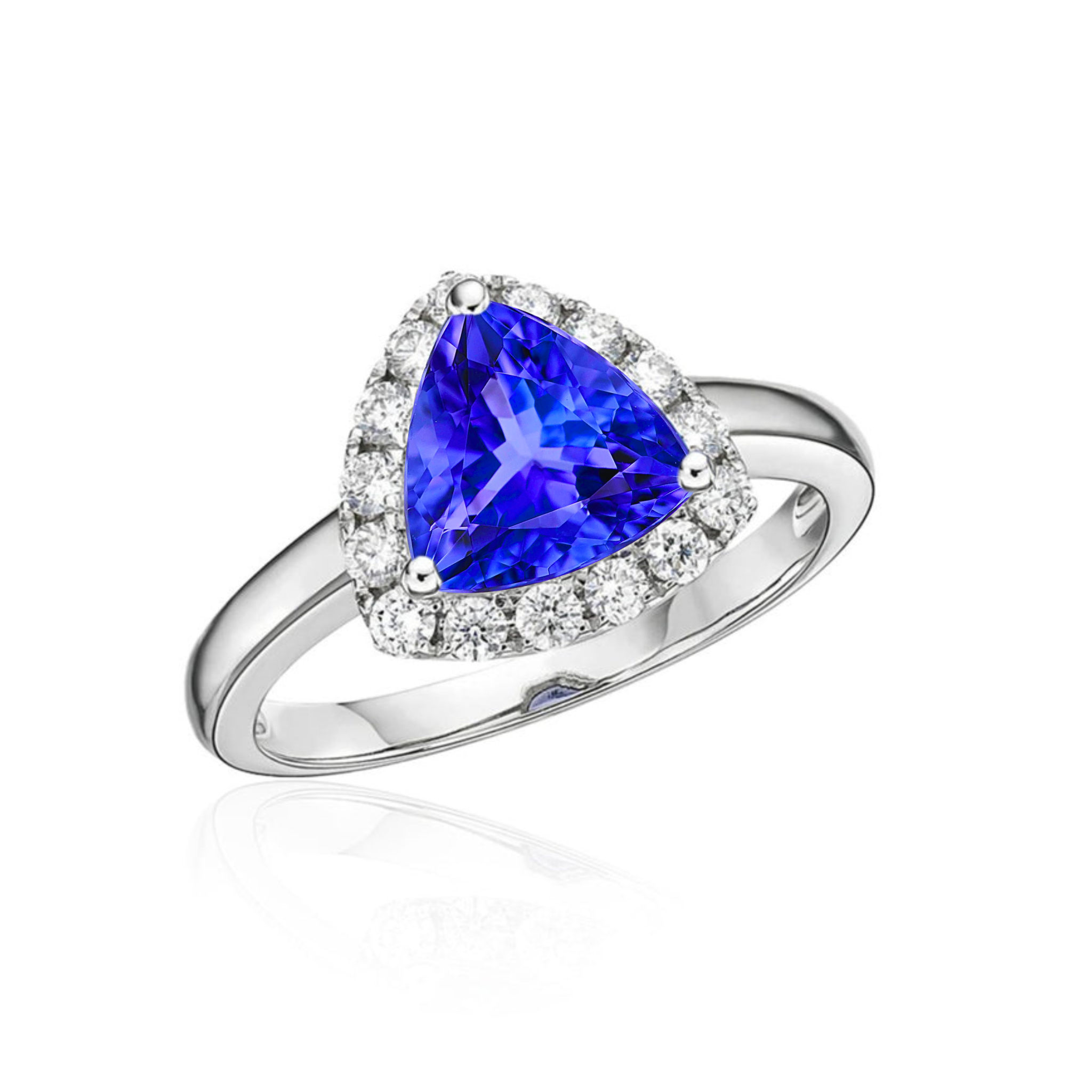 Trillion Cut Tanzanite Ring with Diamond Halo