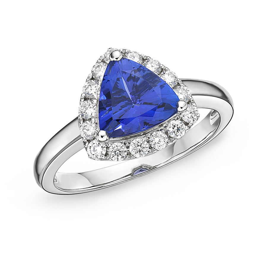 2.22 Ct Trillion Cut Tanzanite Ring with Diamond Halo