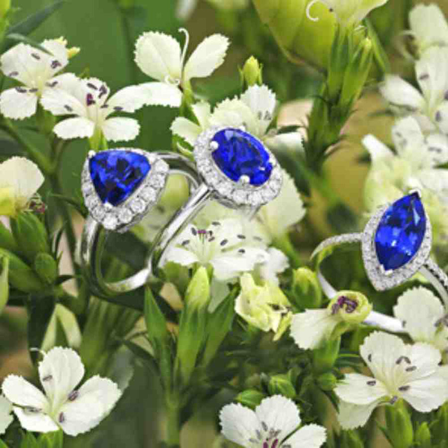 2.22 Ct Trillion Cut Tanzanite Ring with Diamond Halo