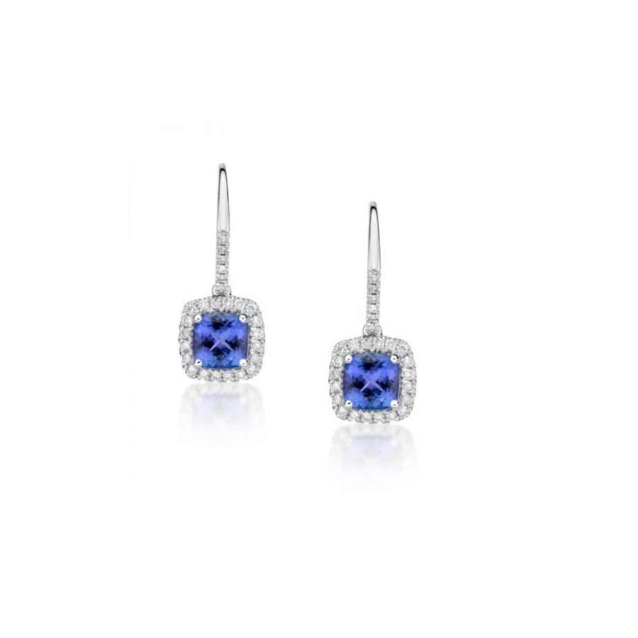 2.00 Ct Cushion Cut Tanzanite & Diamond Halo Drop Earrings