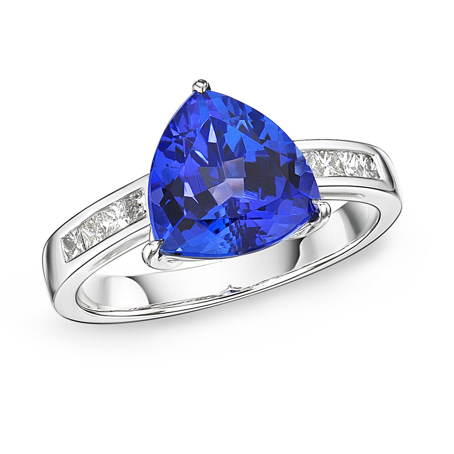 Premier 4.00 Ct Trillion Cut Tanzanite Ring with Princess Cut Diamonds