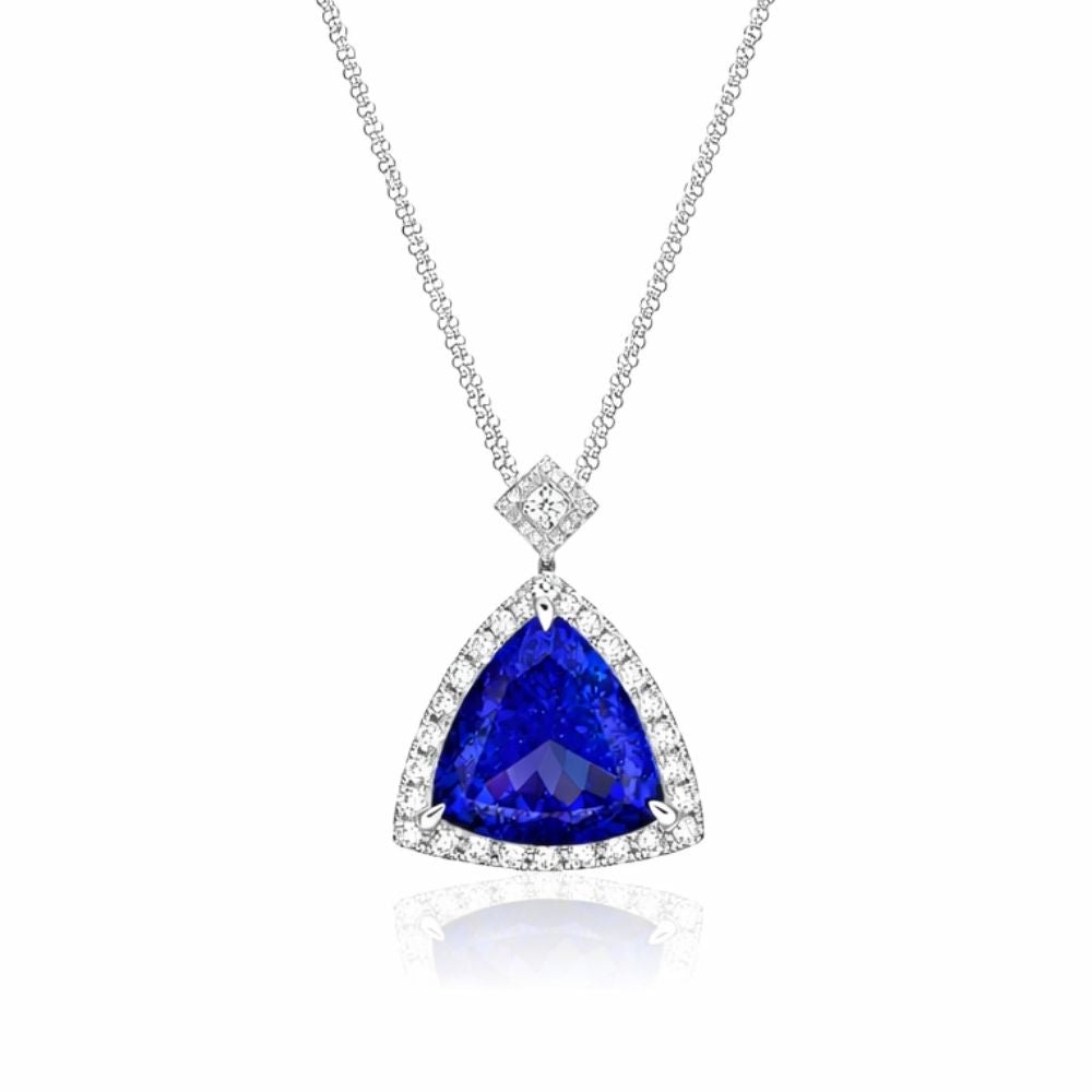Magnificent 7.94 Ct Trillion Cut Tanzanite Necklace With Diamond Halo