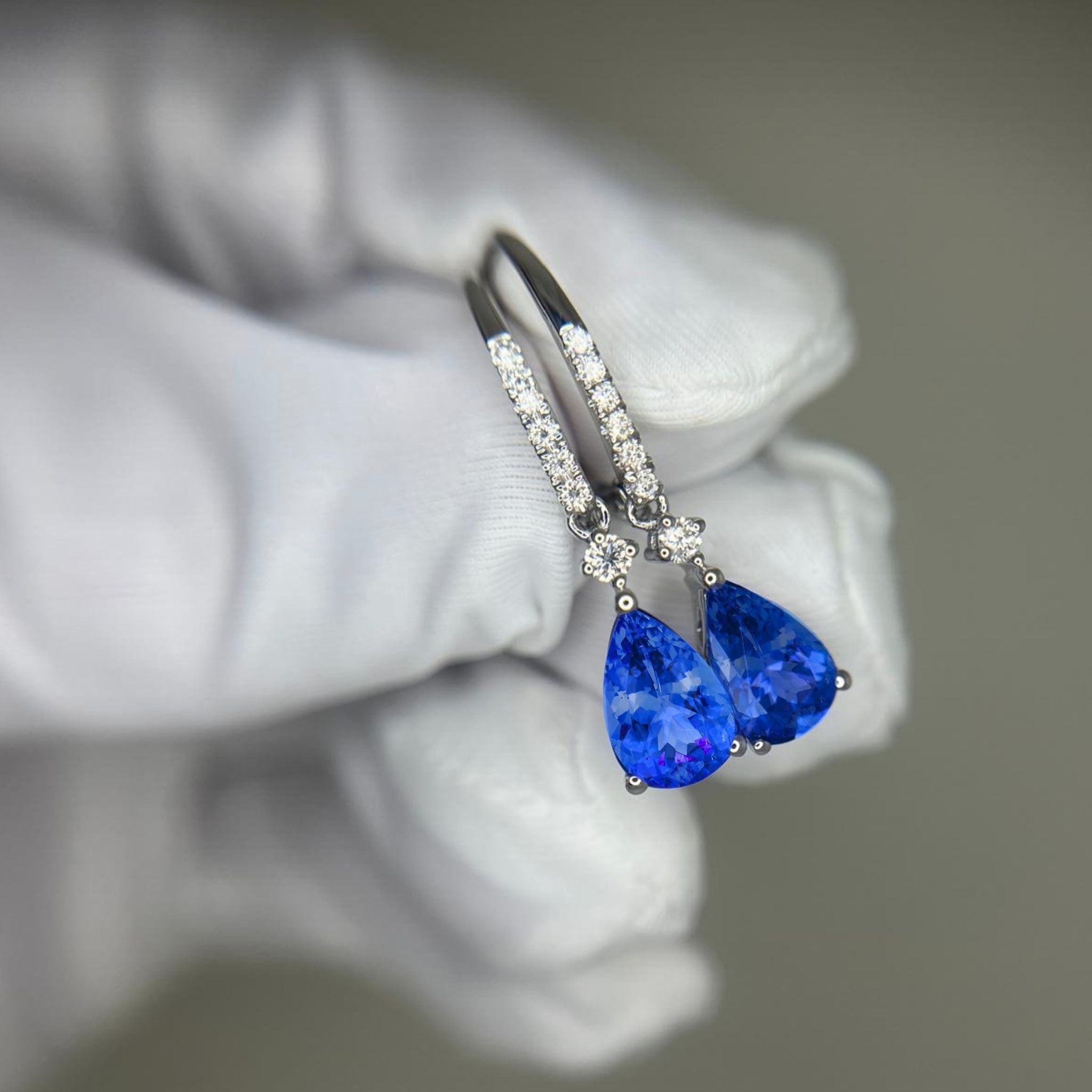Pear-Shaped Tanzanite & Diamond Drop Earrings in White Gold