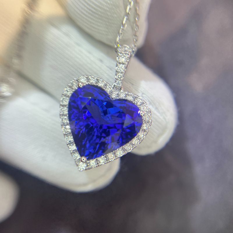 10.00 Ct Heart-Shaped Tanzanite Pendant With Diamond Halo - Made to Order