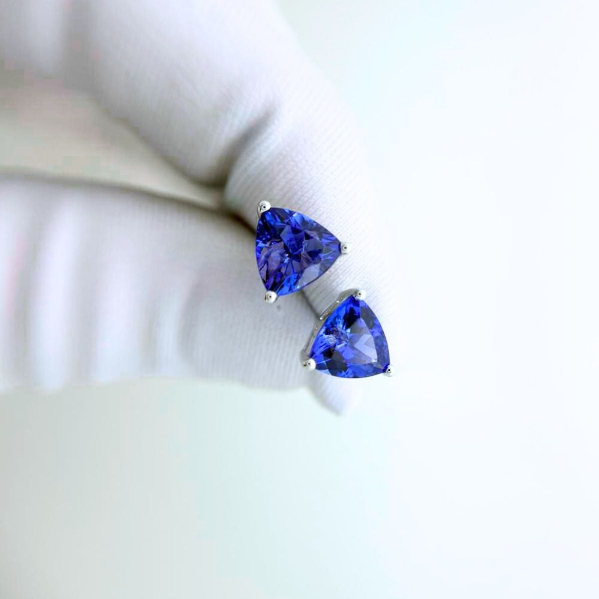 Premium Trillion Cut Tanzanite Stud Earrings in 18k White Gold