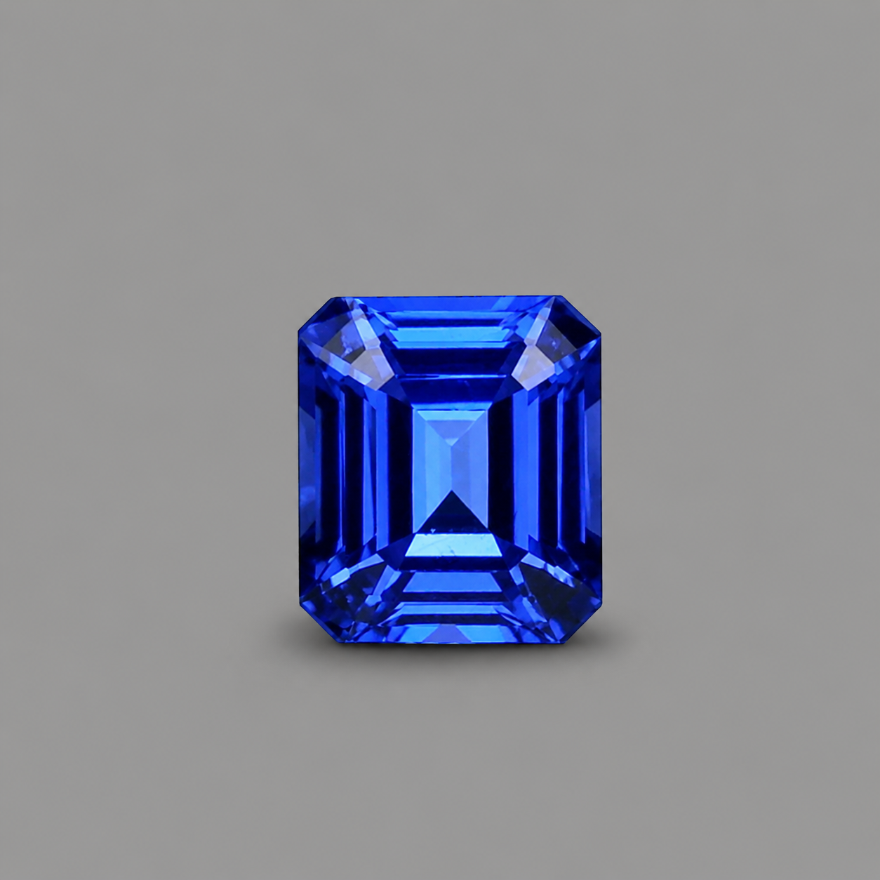 Emerald-cut tanzanite gemstone with vivid royal blue colour