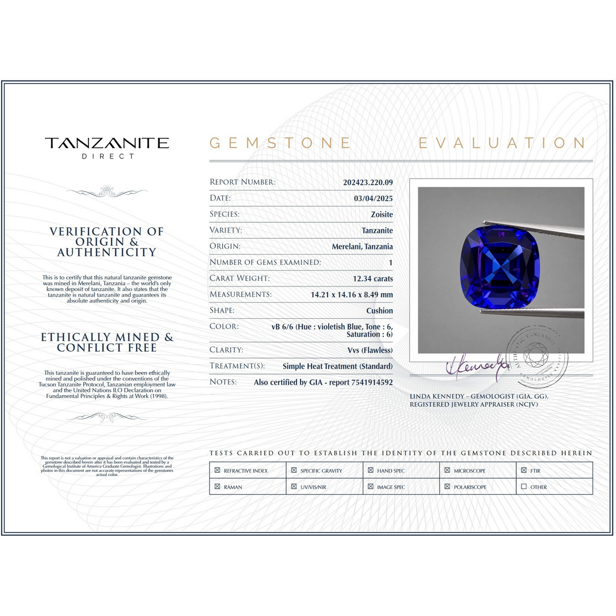 12.34 ct Cushion Tanzanite Gemstone – GIA Certified