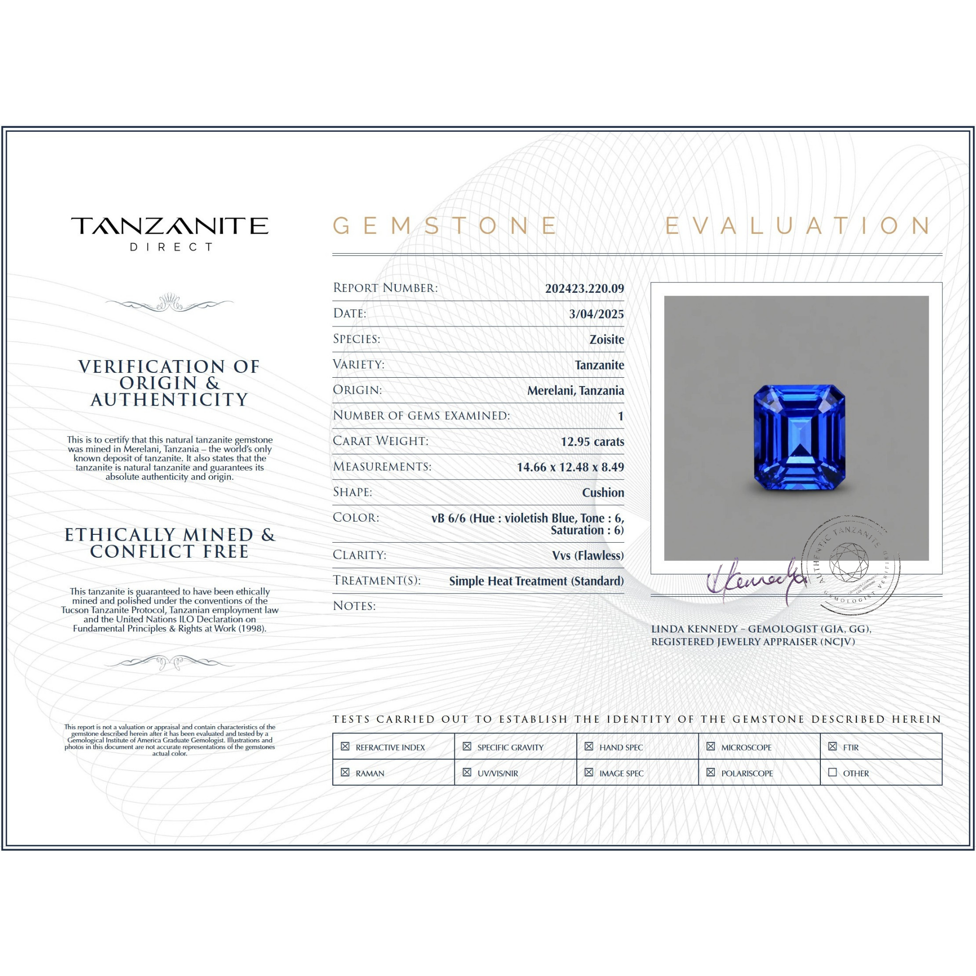 12.95 ct Emerald Cut Tanzanite Gemstone - GIA Certificate