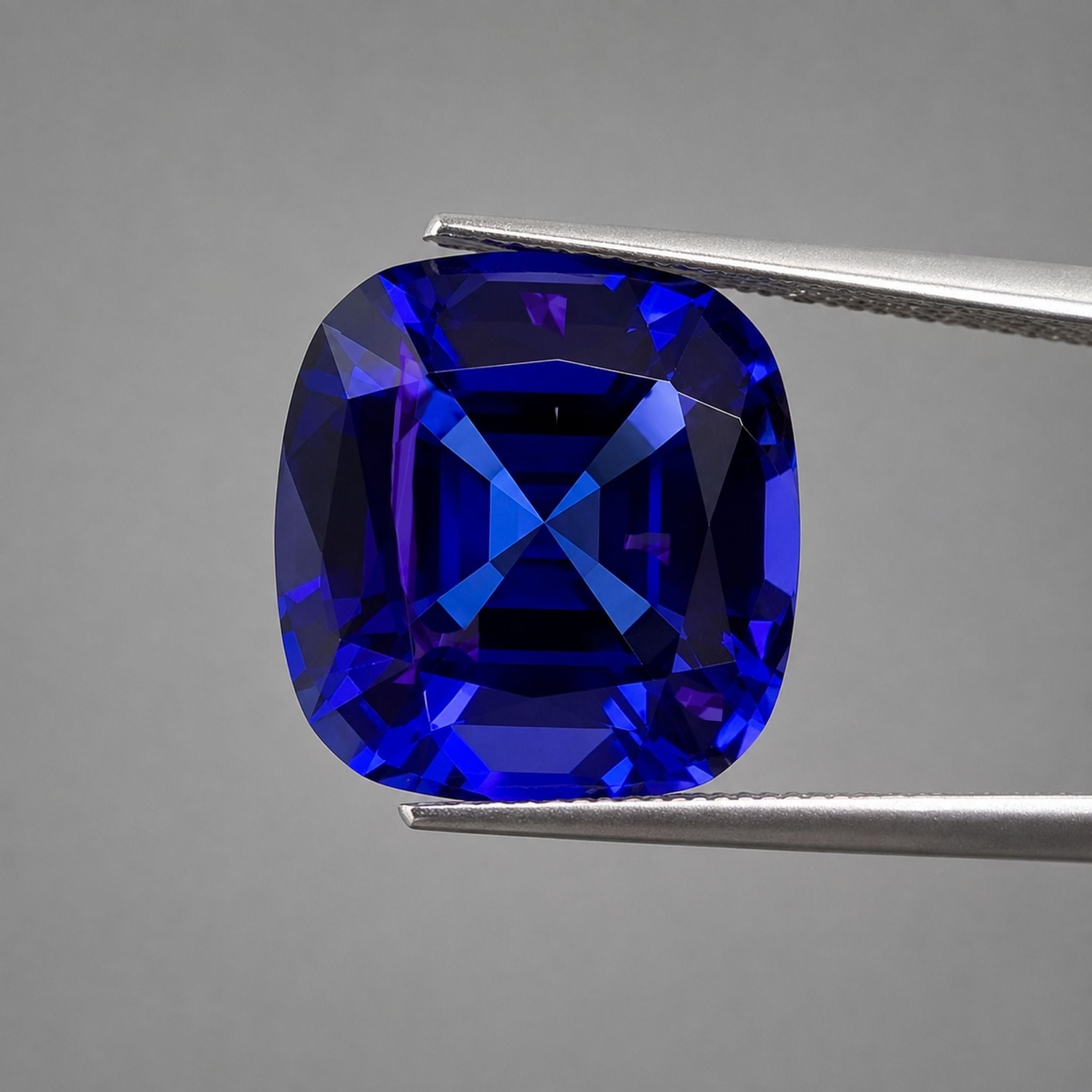 Emerald-cut tanzanite gemstone with vivid royal blue colour