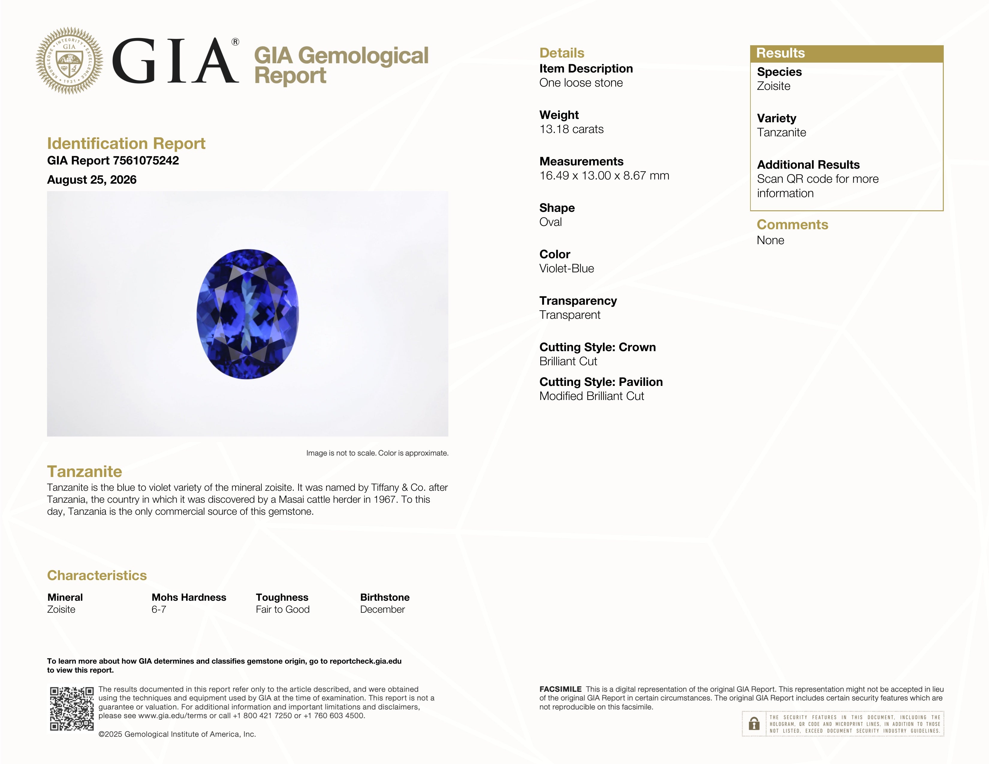A GIA Gemological Report page for a Tanzanite gemstone, showing identification details, measurements, color description, and characteristics on a white background.
