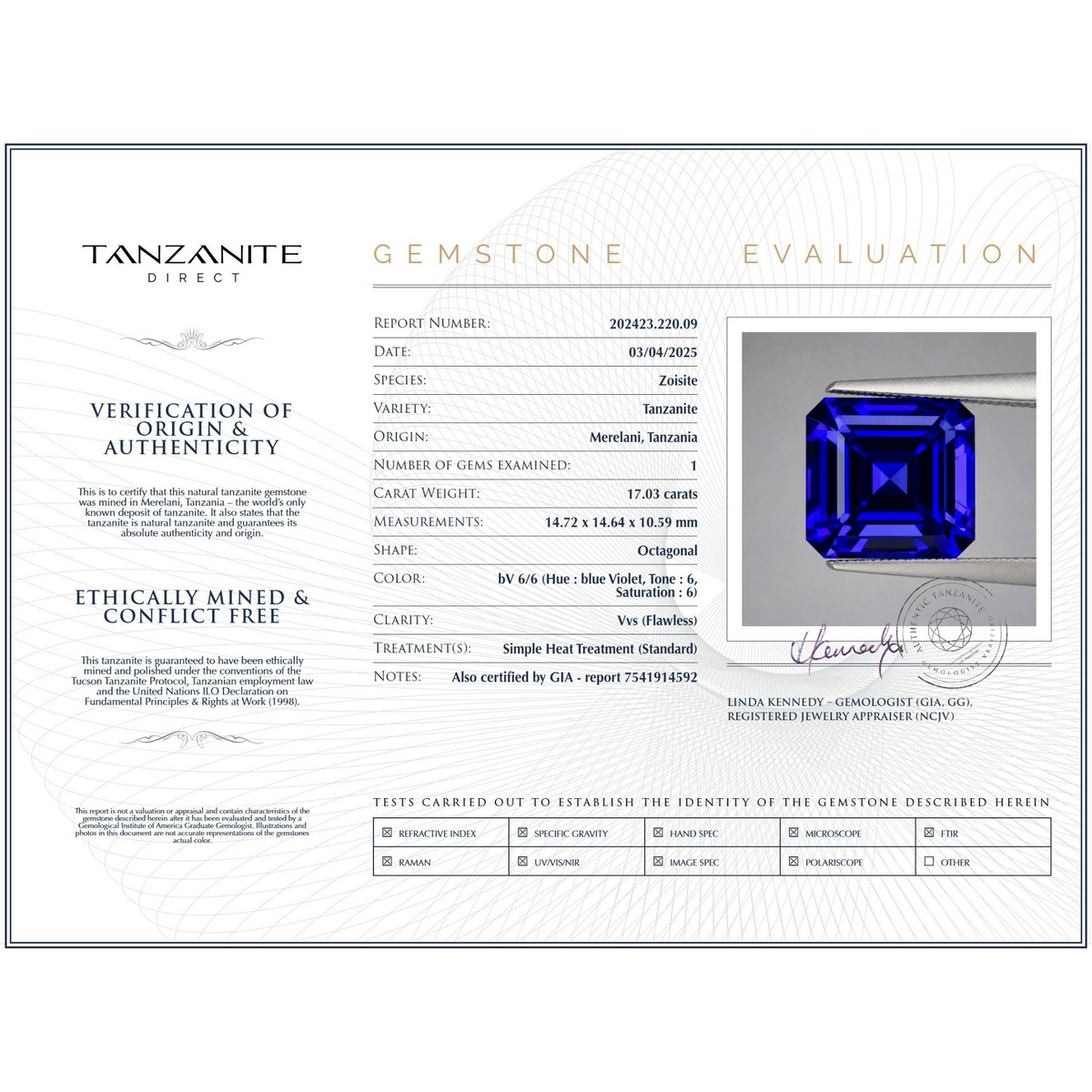 17.03 ct Octagonal Tanzanite Gemstone – GIA Certified