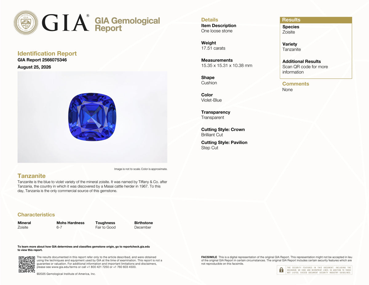 17.51 ct Cushion Cut Tanzanite Gemstone – GIA Certified