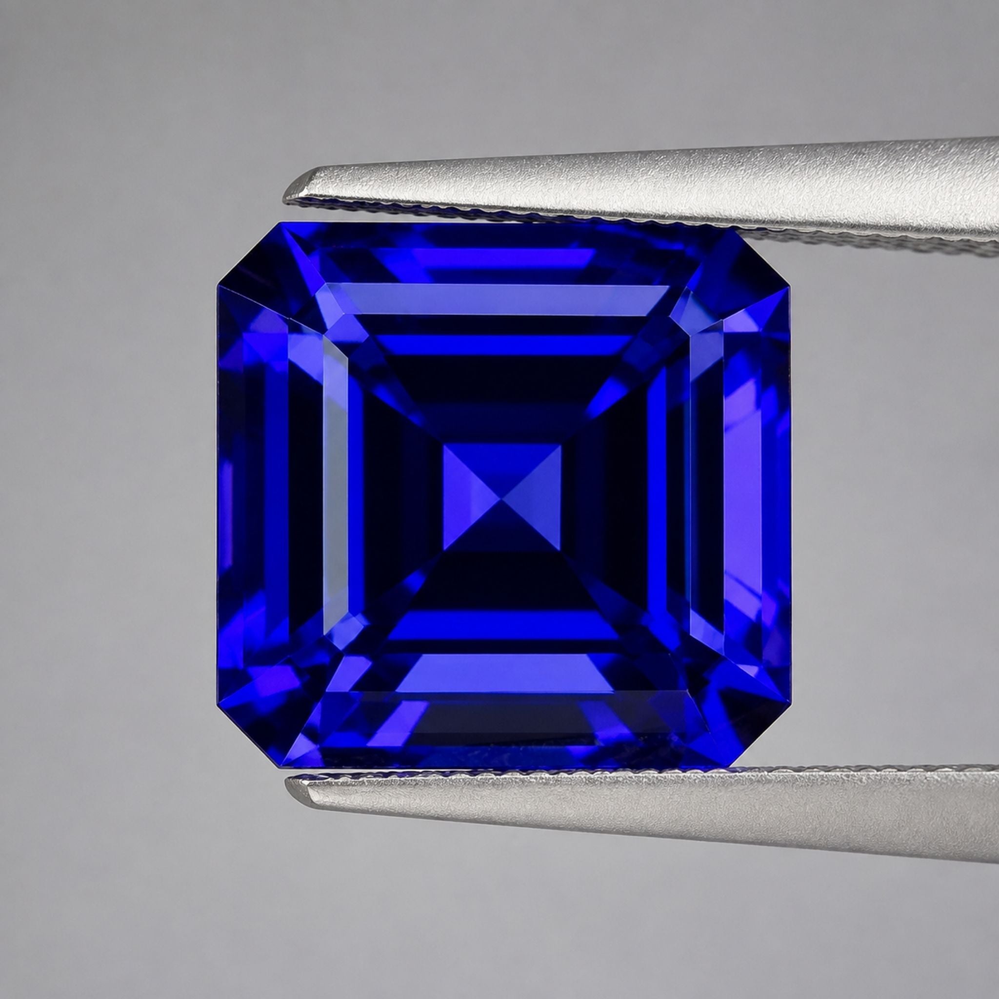 Emerald-cut tanzanite gemstone with vivid royal blue colour