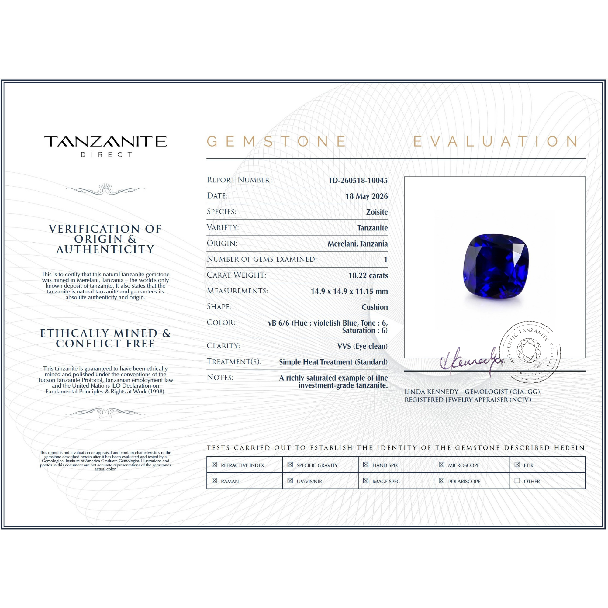 18.22 Carat Tanzanite Cushion Cut Gemstone