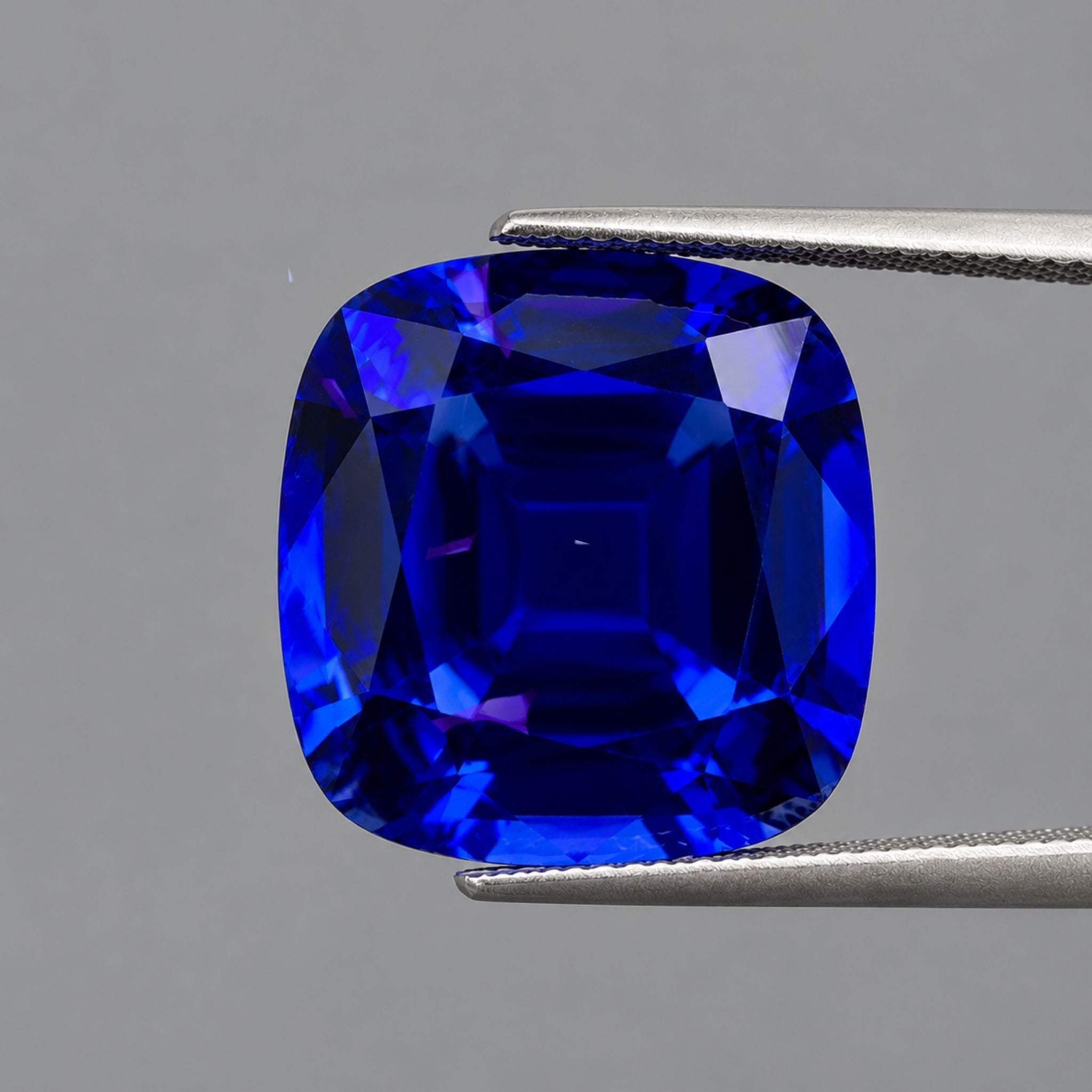 Emerald-cut tanzanite gemstone with vivid royal blue colour