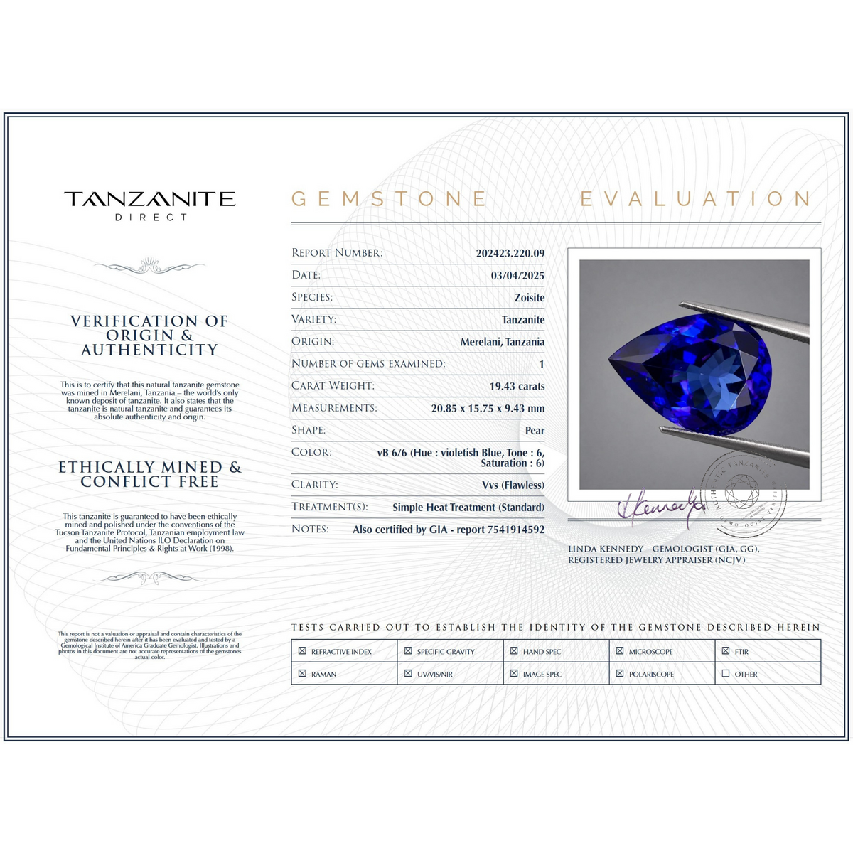 19.43 ct Pear Cut Tanzanite Gemstone – GIA Certified