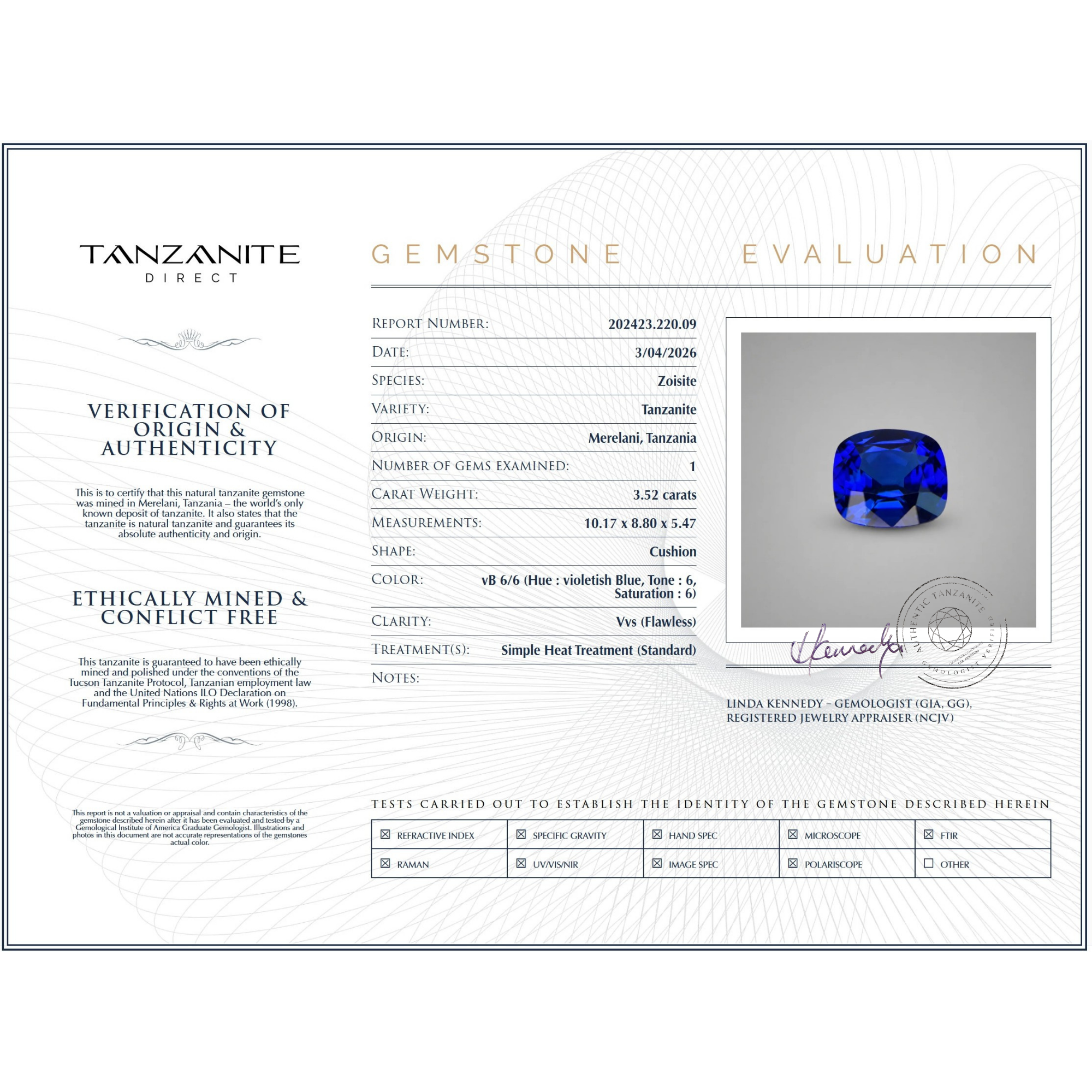 3.52 carat cushion-cut tanzanite gemstone, GIA certified
