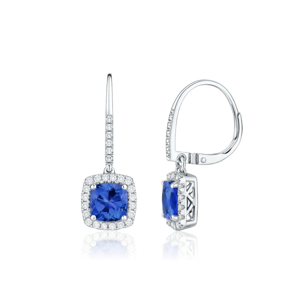2.00 Ct Cushion Cut Tanzanite & Diamond Halo Drop Earrings