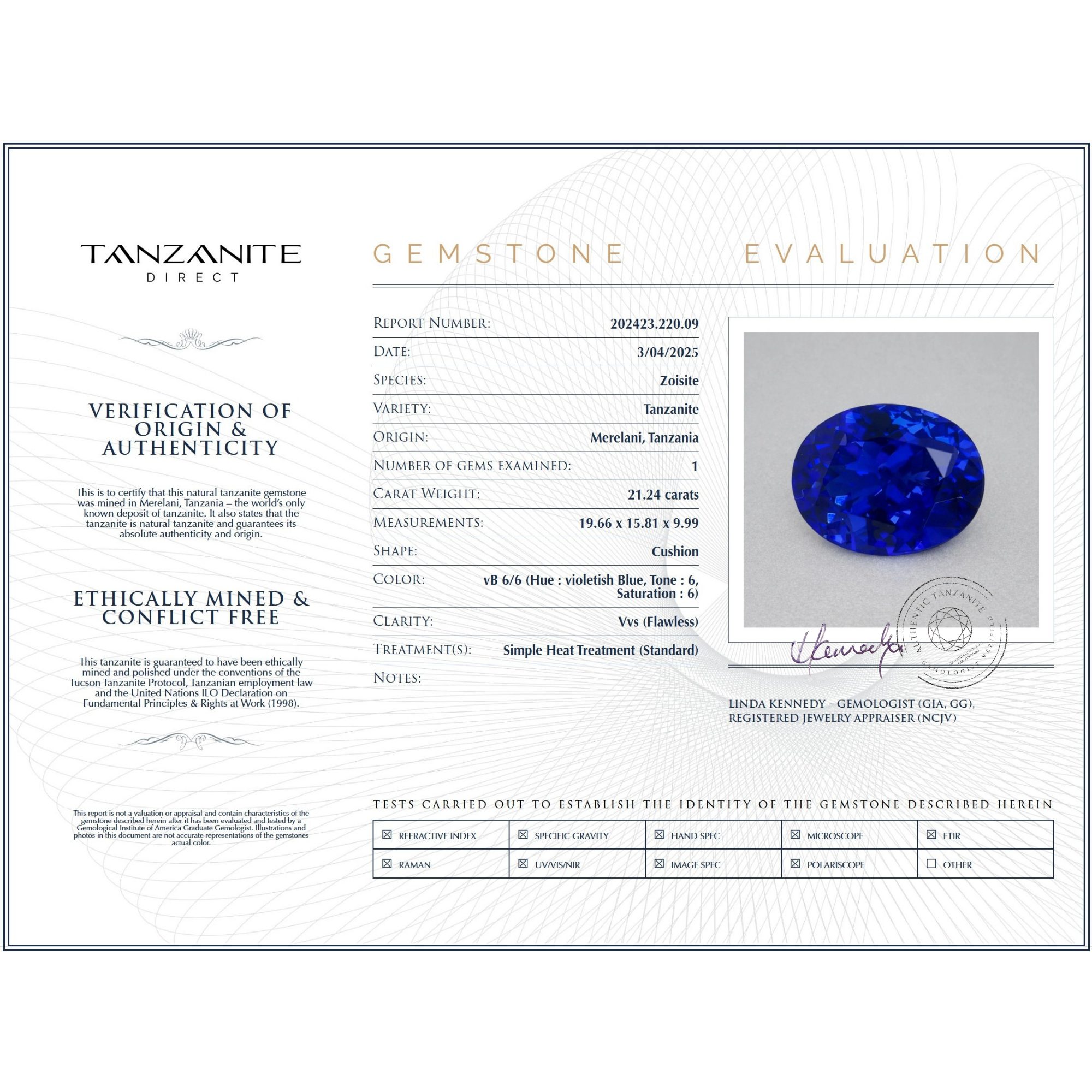 21.24 ct Oval Tanzanite Gemstone – GIA Certified Tanzanite - VB 6/6