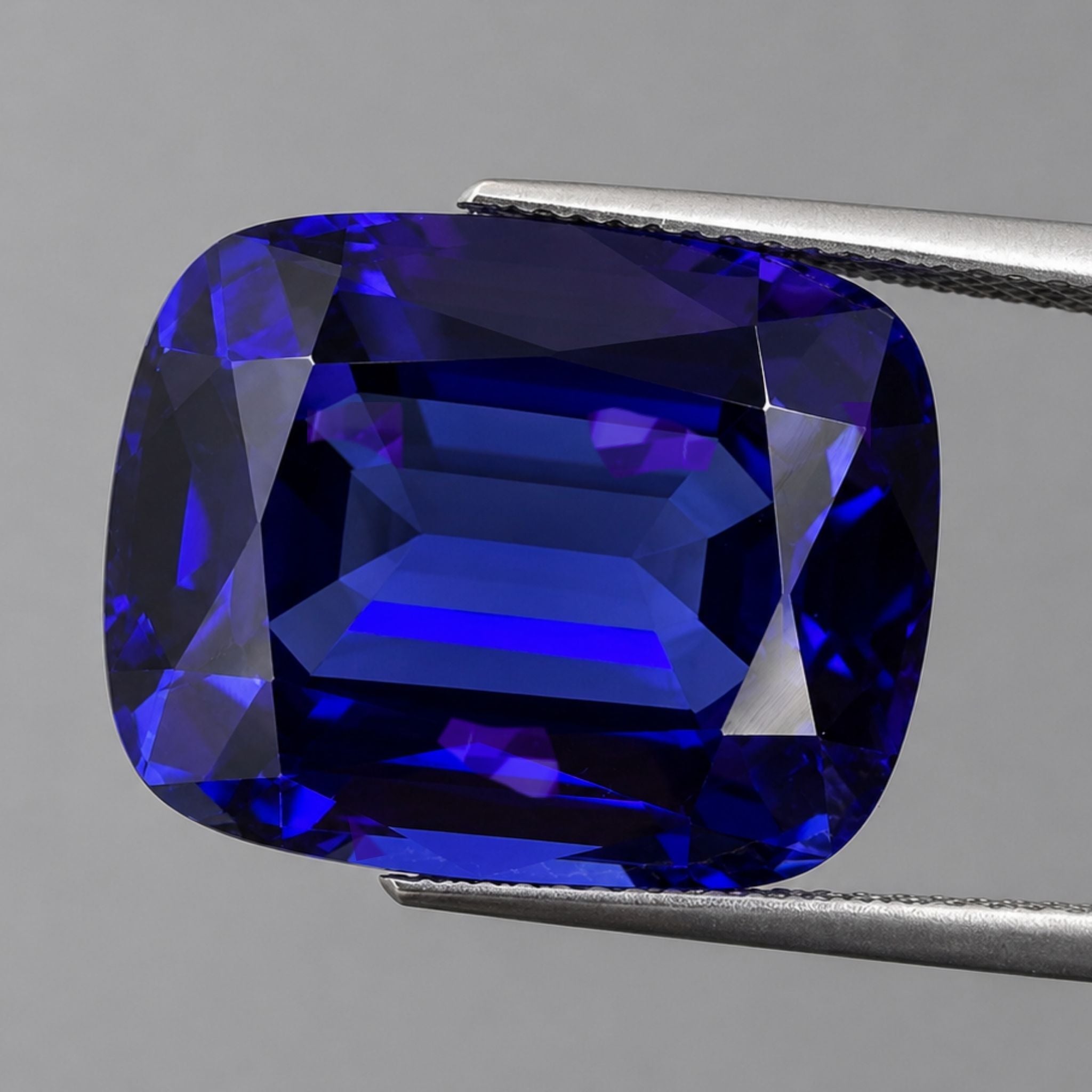 Emerald-cut tanzanite gemstone with vivid royal blue colour