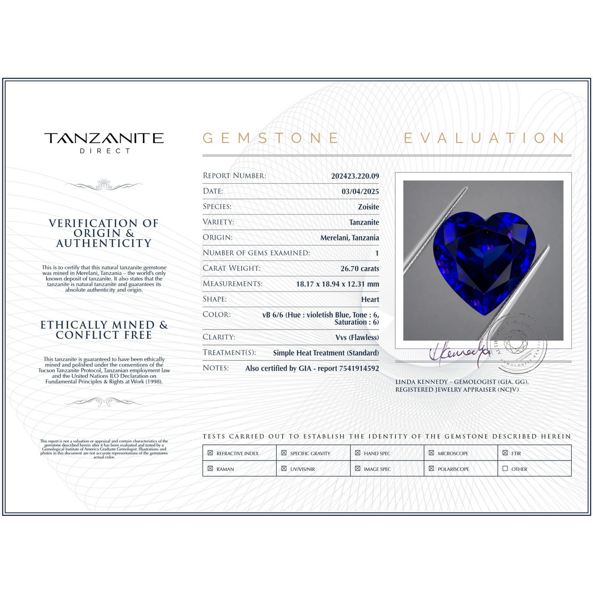26.70 ct Heart Cut Tanzanite Gemstone – GIA Certified