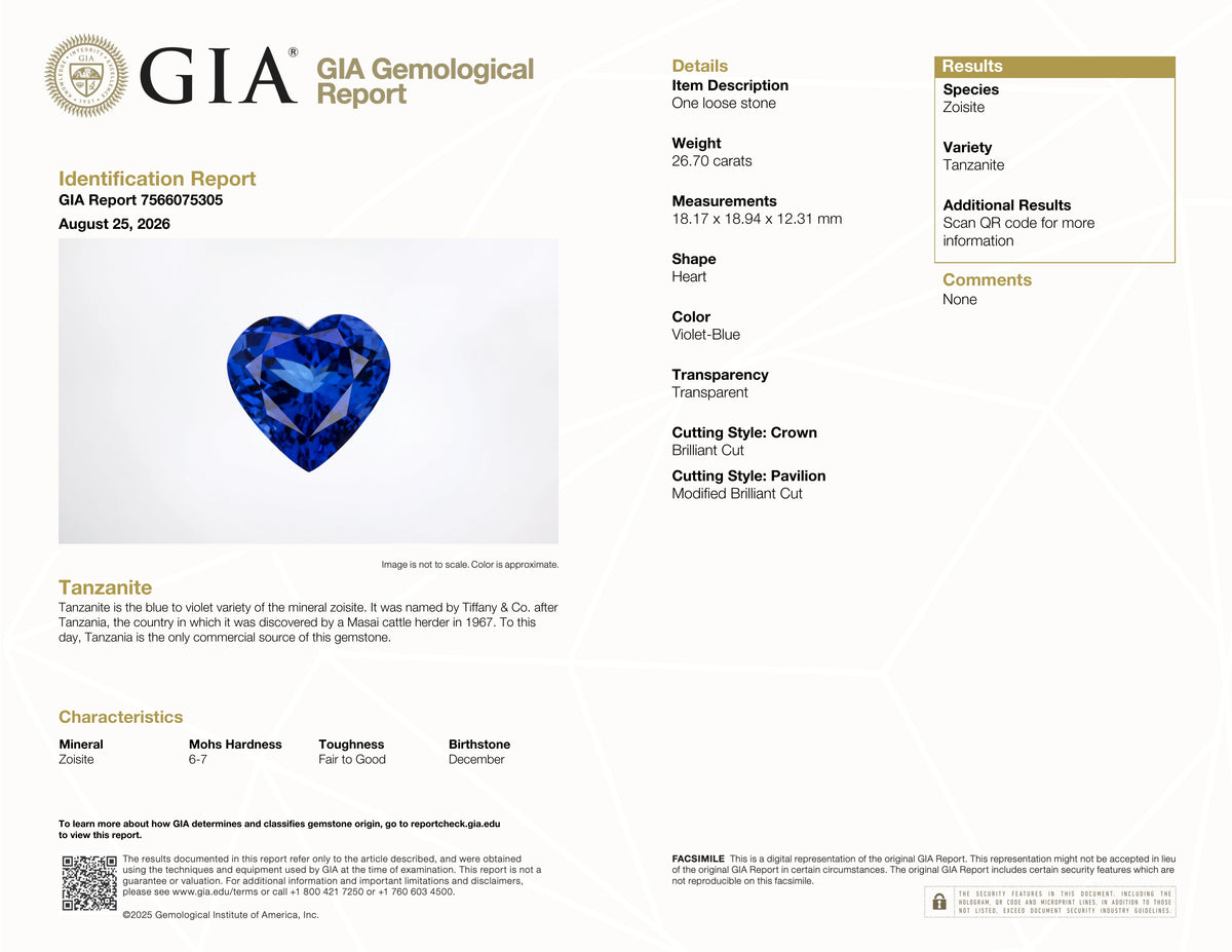 26.70 ct Heart Cut Tanzanite Gemstone – GIA Certified