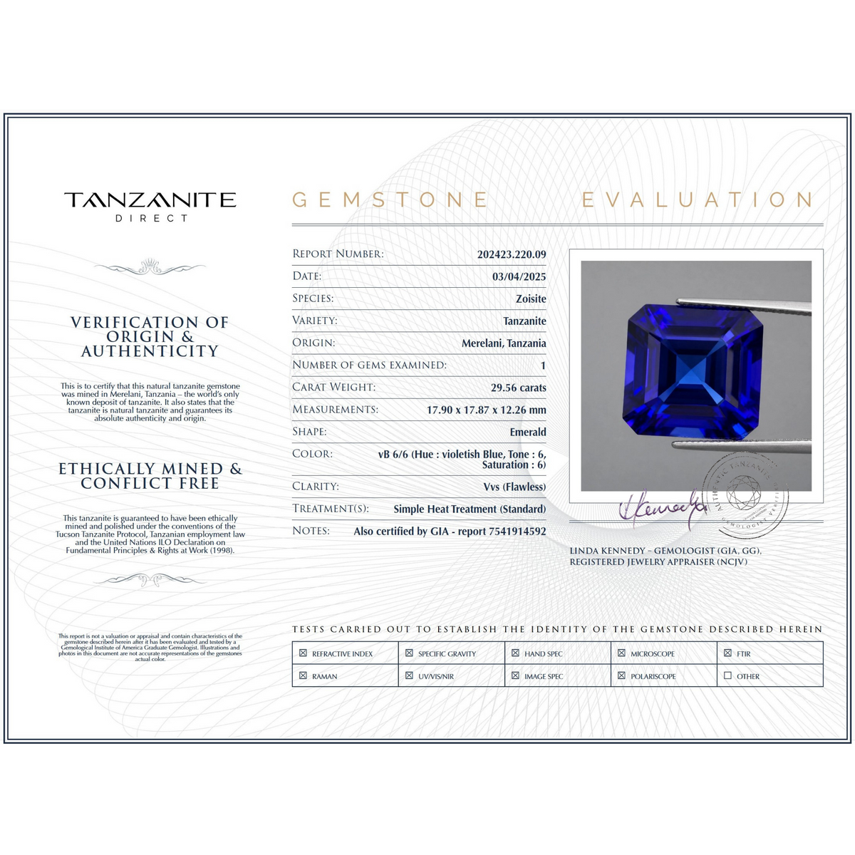 29.56 ct Emerald Cut Tanzanite Gemstone – GIA Certified