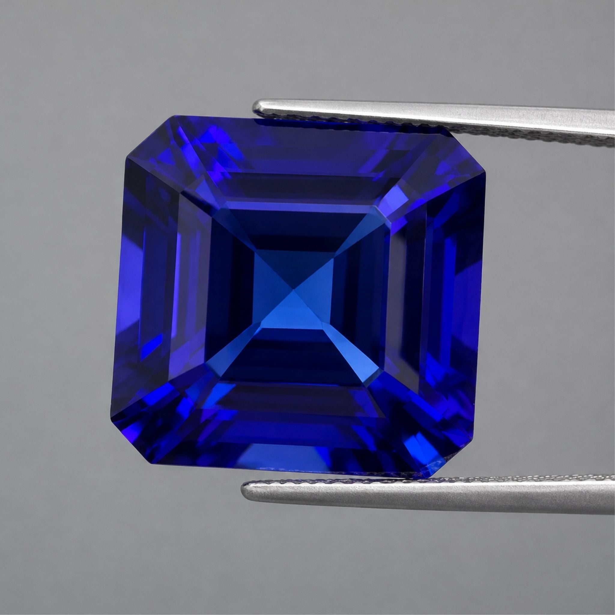 Emerald-cut tanzanite gemstone with vivid royal blue colour