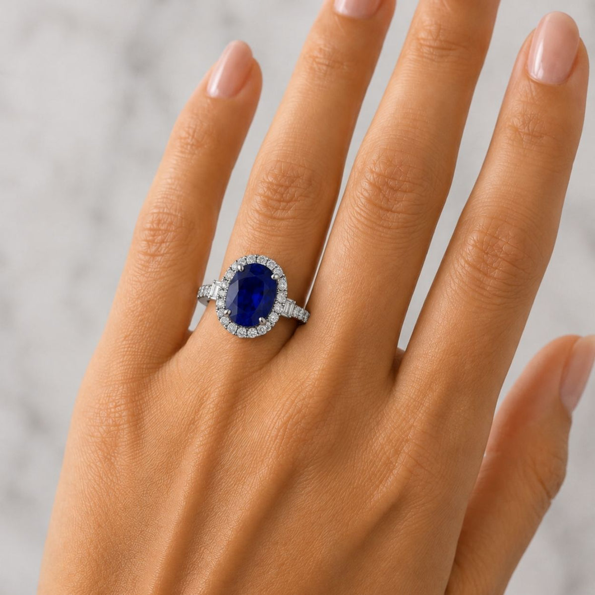 3.25 CT Oval Tanzanite Ring with Baguette Diamonds & Halo - Made to Order