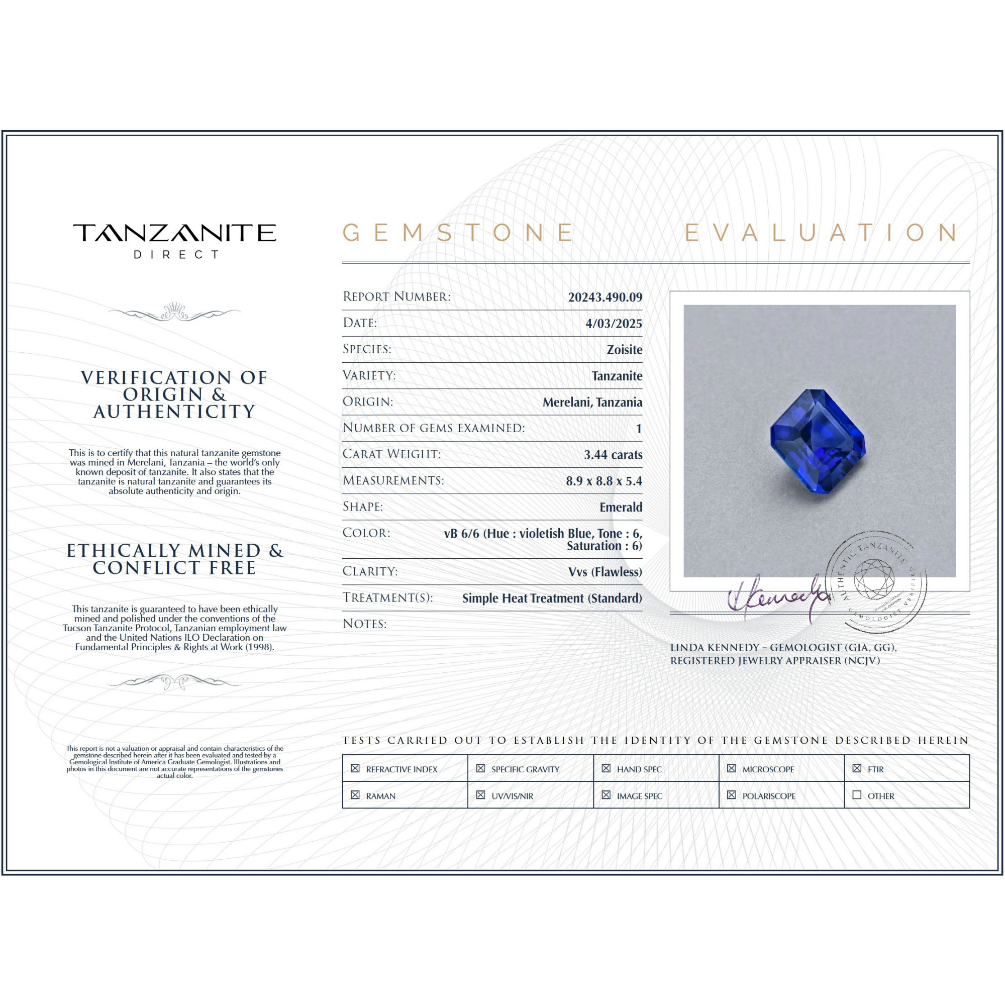 3.44 Carat Square Tanzanite Gemstone
