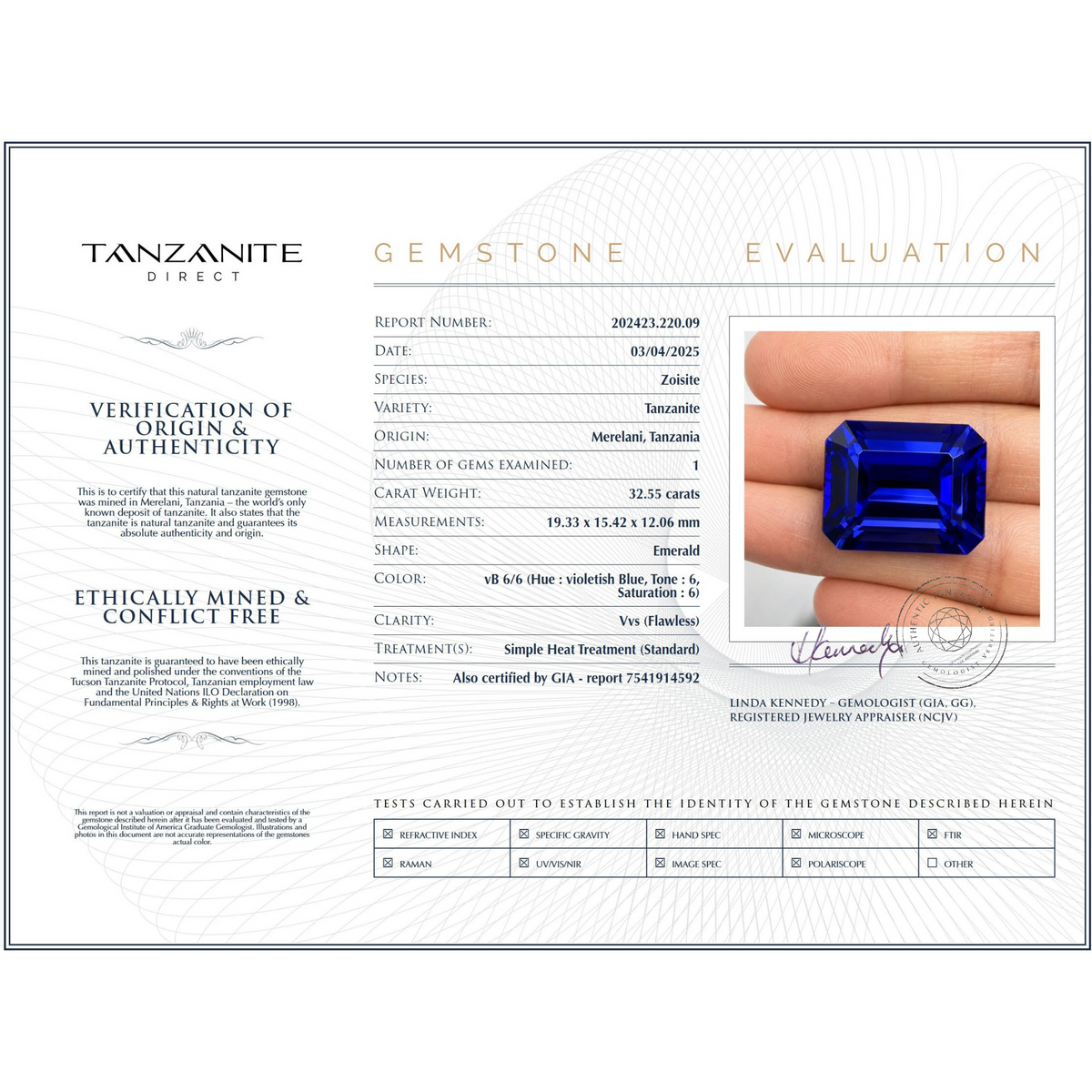 32.55 ct Emerald Cut Tanzanite Gemstone – GIA Certified
