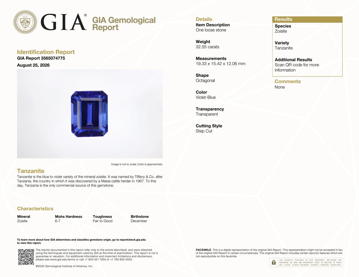 32.55 ct Emerald Cut Tanzanite Gemstone – GIA Certified