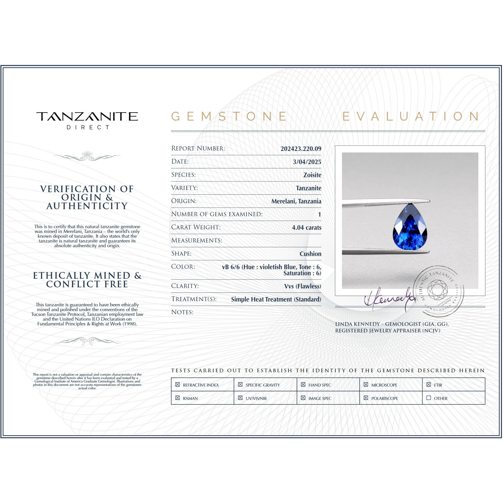 4.04 ct Pear Tanzanite Gemstone – GIA Certified