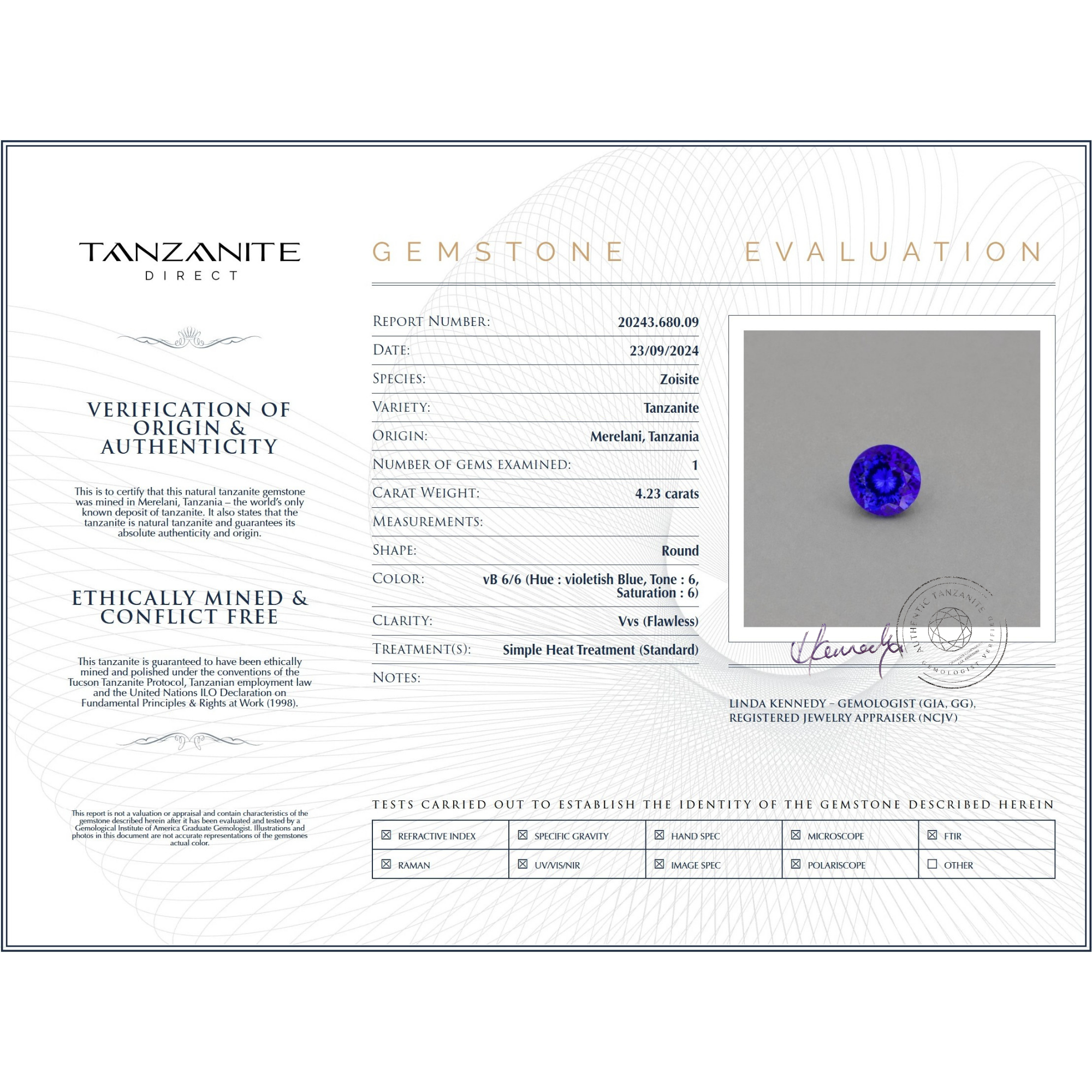 4.23 Carat Round Cut Tanzanite Gemstone