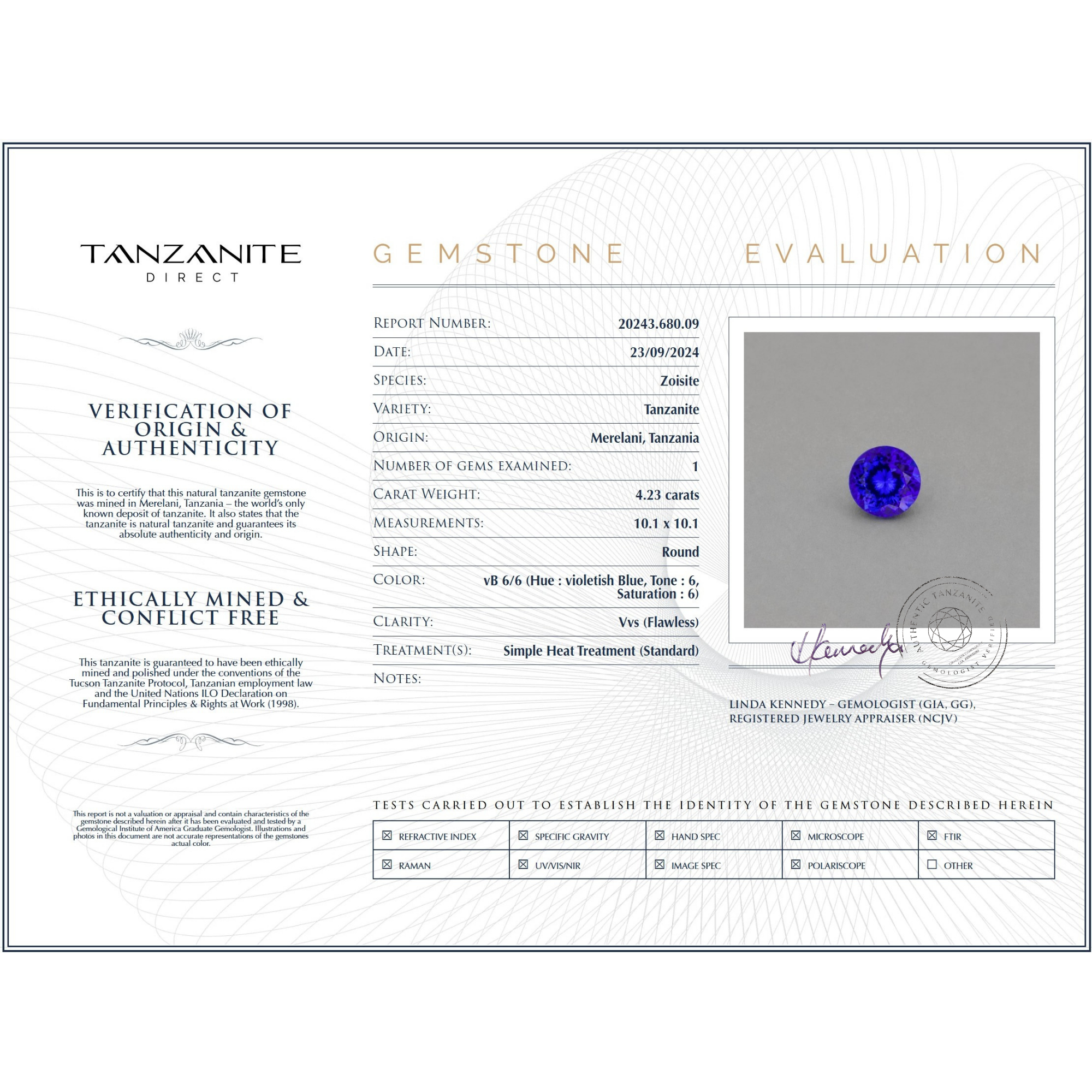 4.23 Carat Round Cut Tanzanite Gemstone