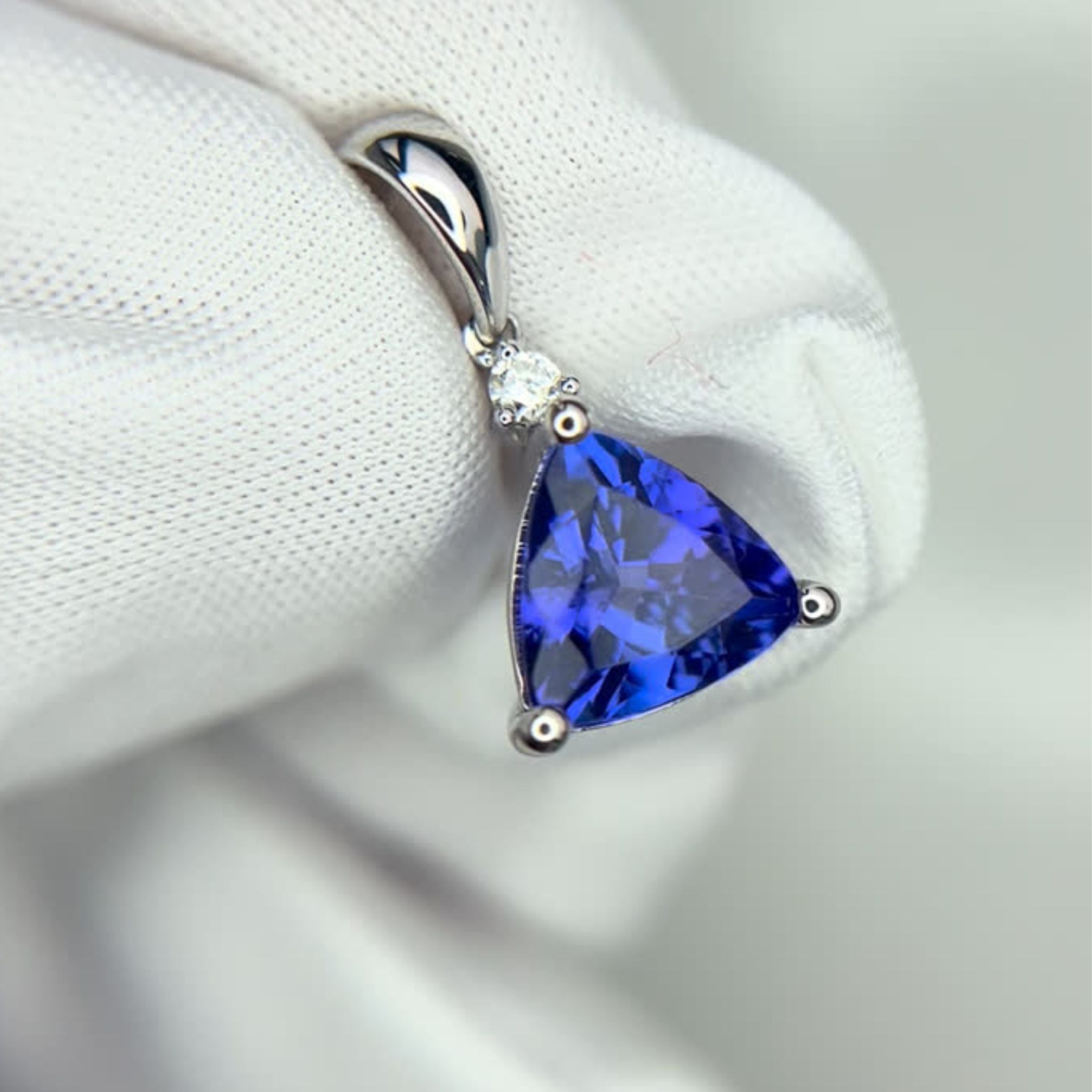 Trillion Cut Tanzanite & Diamond Pendant in White Gold